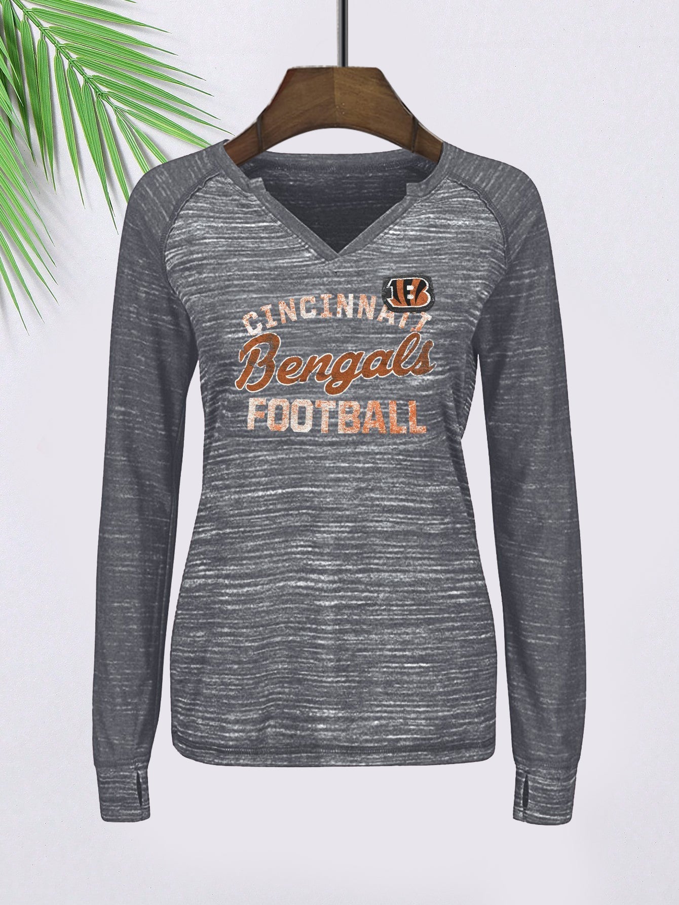 Majestic Lead Play Long Sleeve Split Neck Tee Shirt For Ladies-Black Melange-SP1990