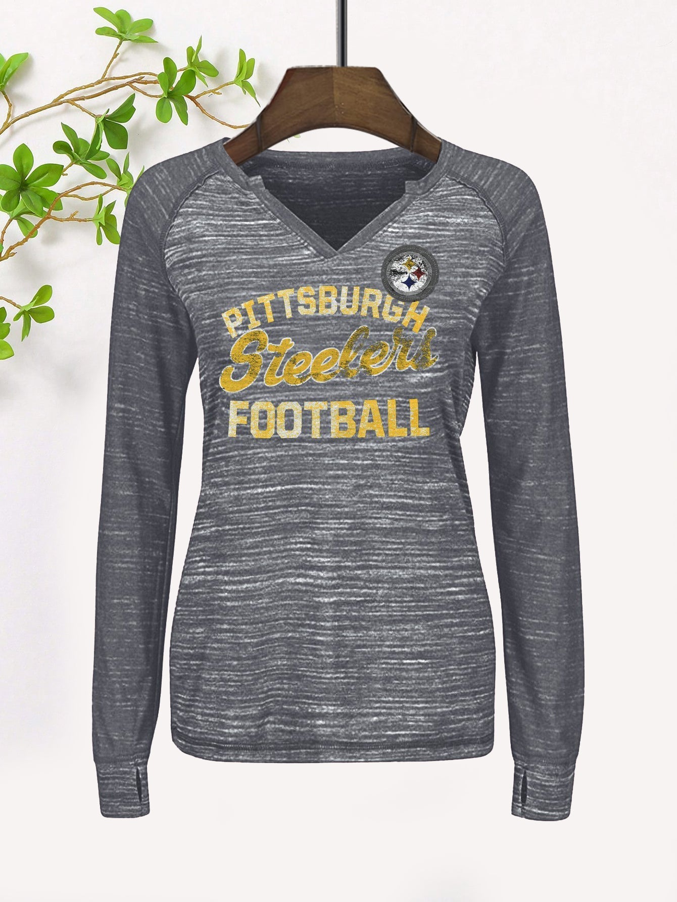 Majestic Lead Play Long Sleeve Split Neck Tee Shirt For Ladies-Black Melange-SP1995