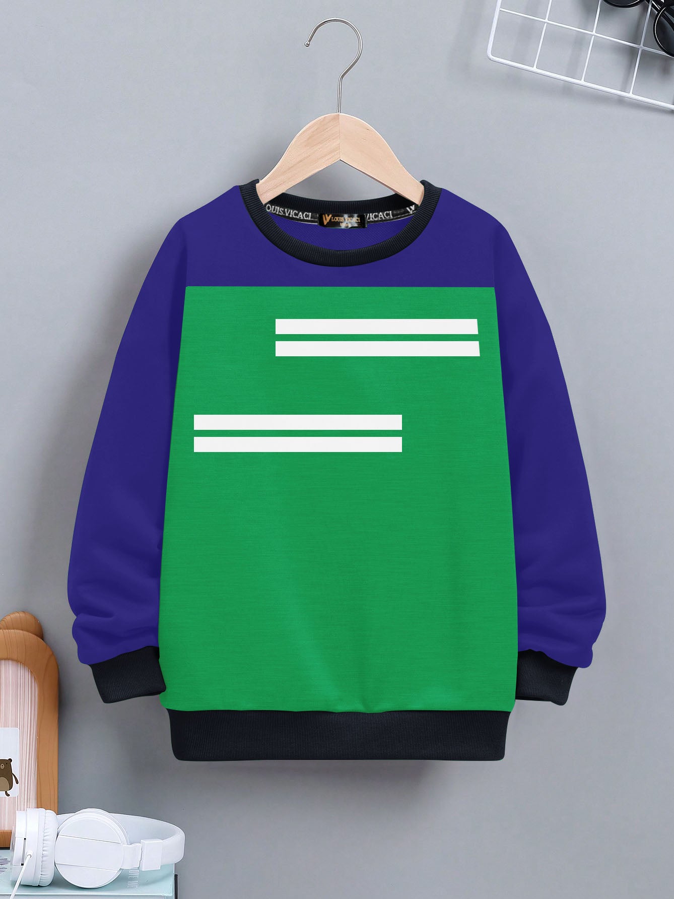 Louis Vicaci Fleece Sweatshirt For Kids-Green with Royal Blue-SP1374/RT2323