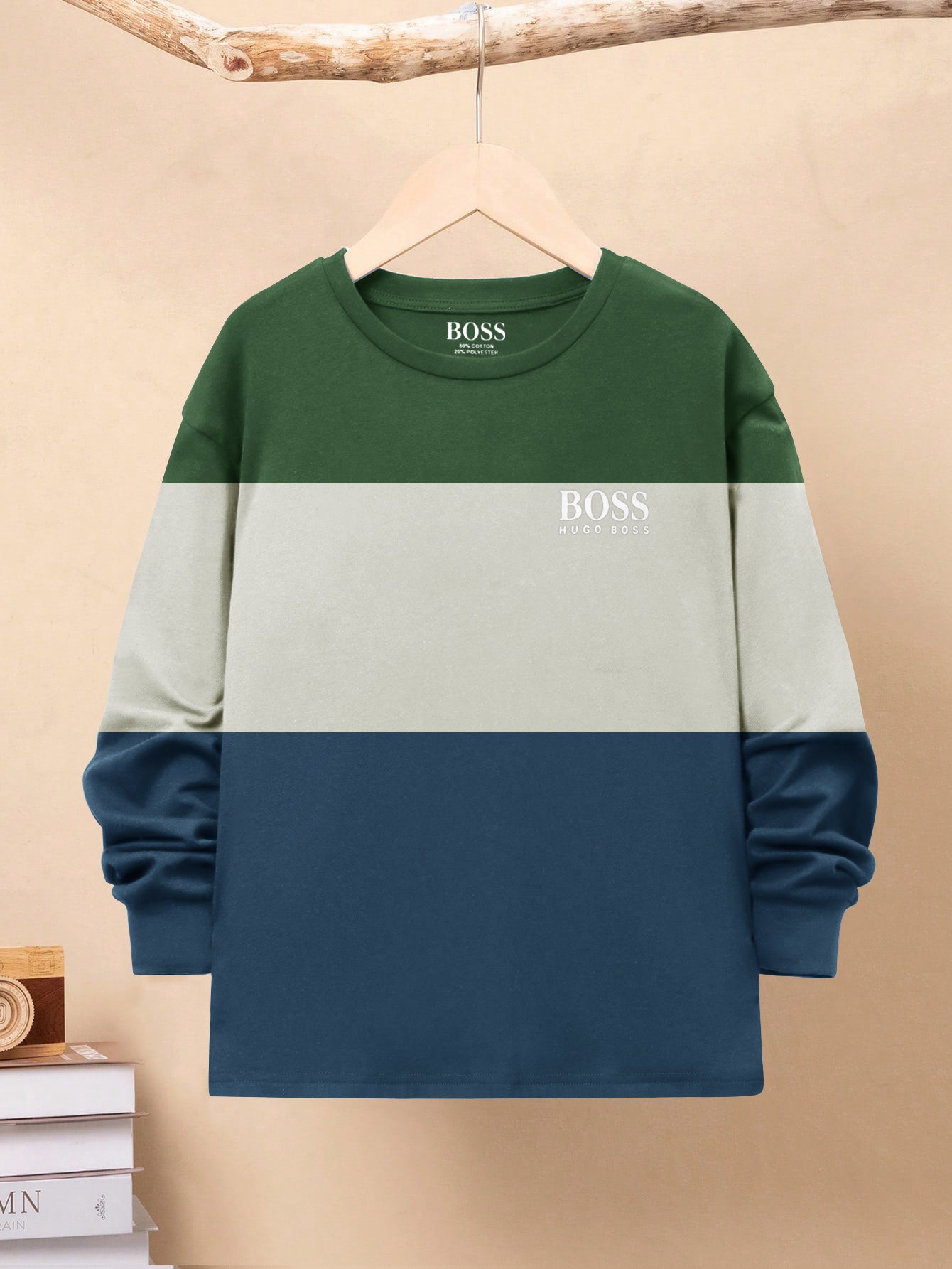 HB Crew Neck Long Sleeve Single Jersey Tee Shirt For Kids-Green with Off White & Blue-SP1713/RT2417