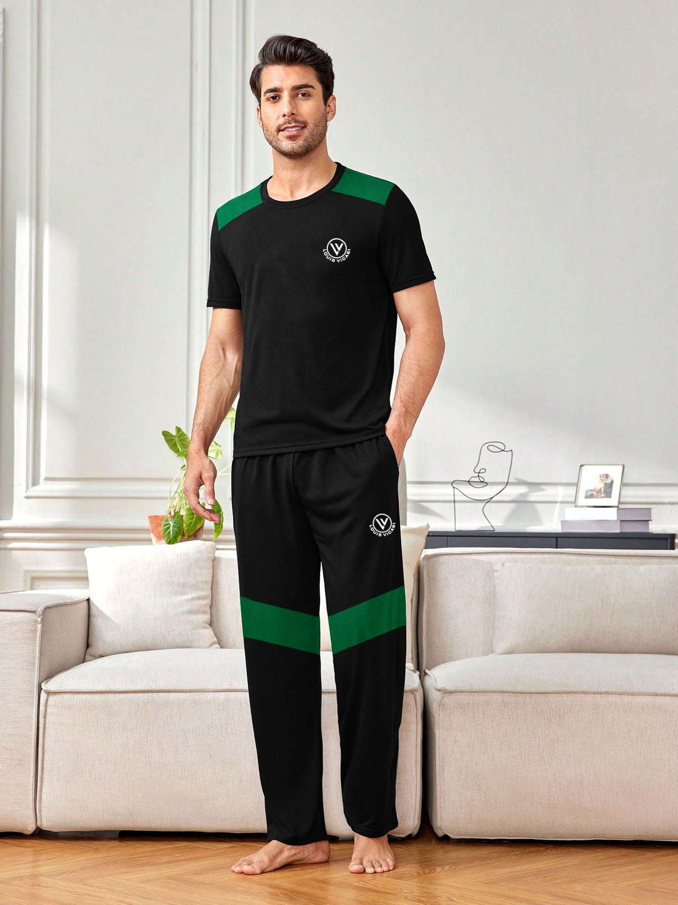 Louis Vicaci Summer Active Wear Tracksuit For Men-Black with Green Panels-SP1835/RT2453