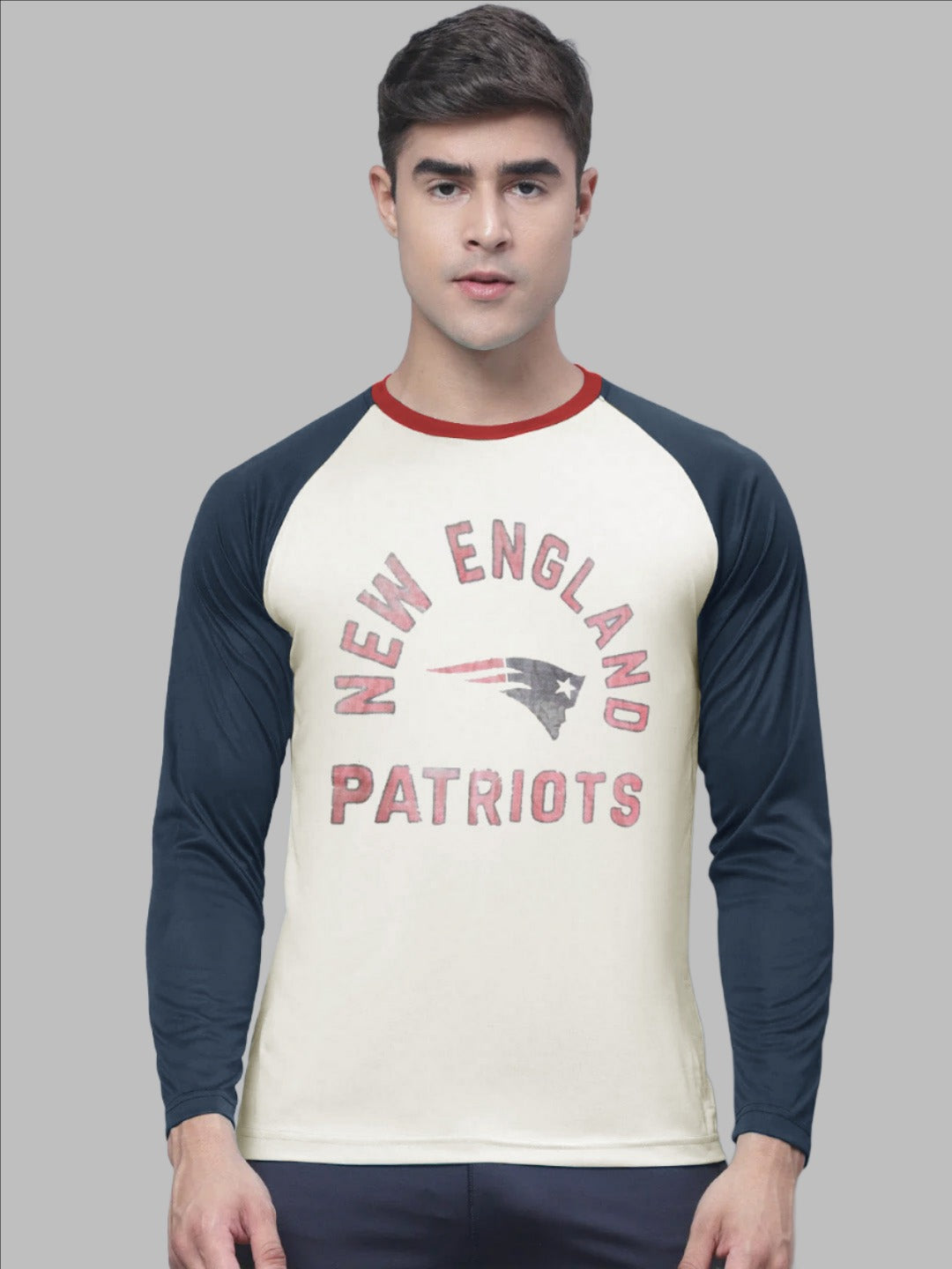 47 Raglan Sleeve Crew Neck Tee Shirt For Men-Off White & Navy with Print-SP2071