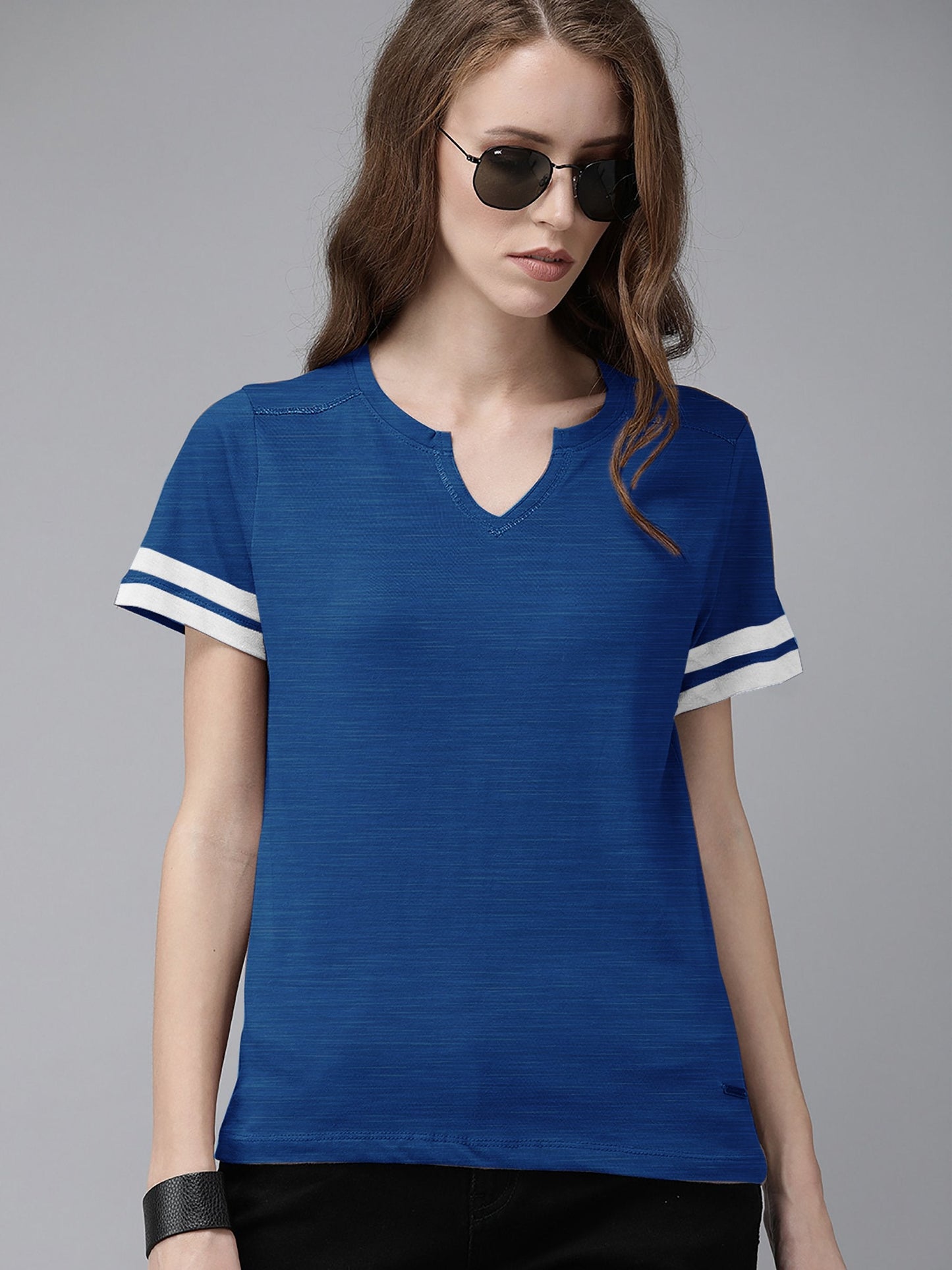 Majestic V Neck Half Sleeve Tee Shirt For Ladies-Blue Melange-SP1965