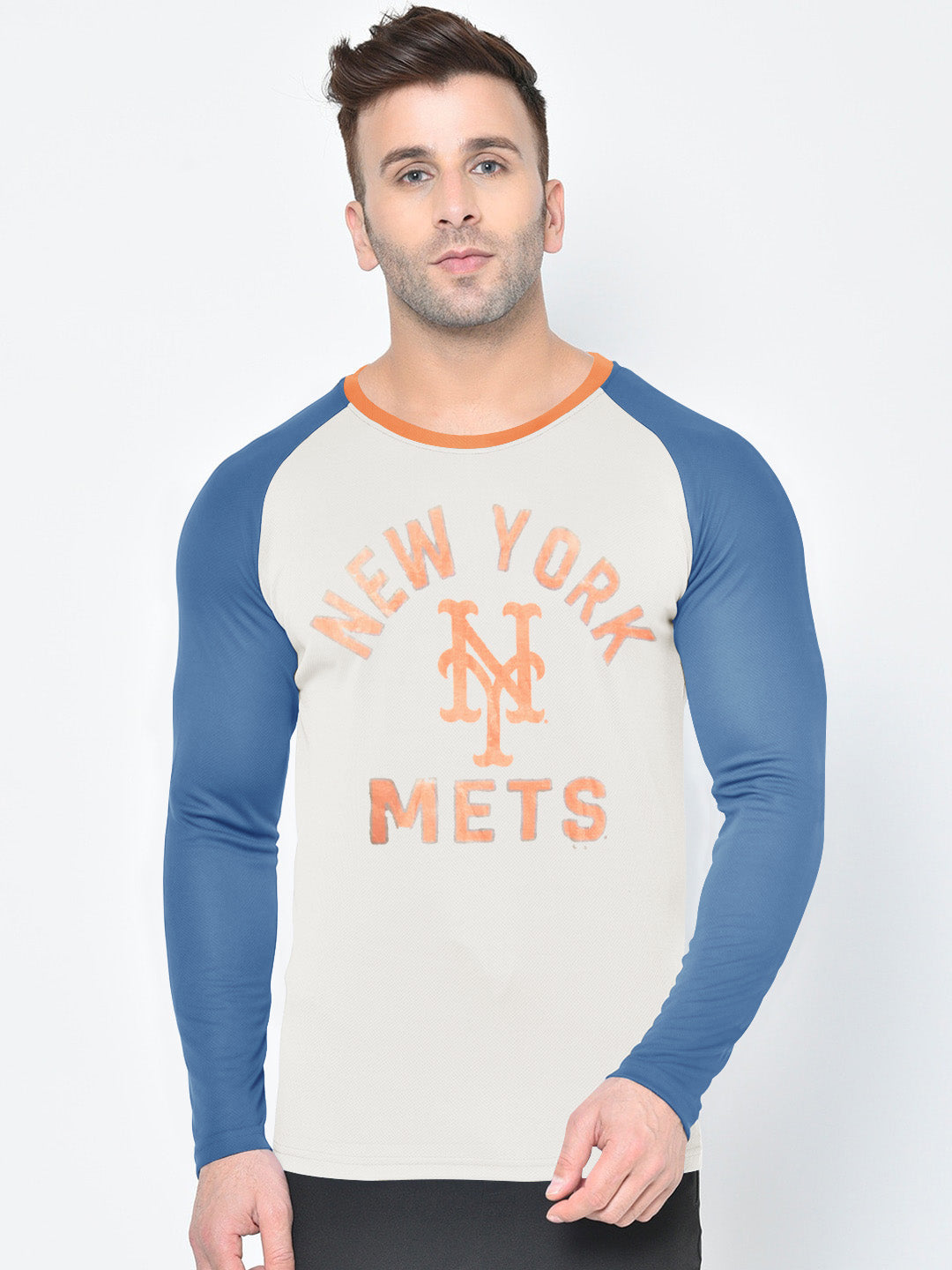 47 Raglan Sleeve Crew Neck Tee Shirt For Men-Off White & Light Blue with Print-SP2076