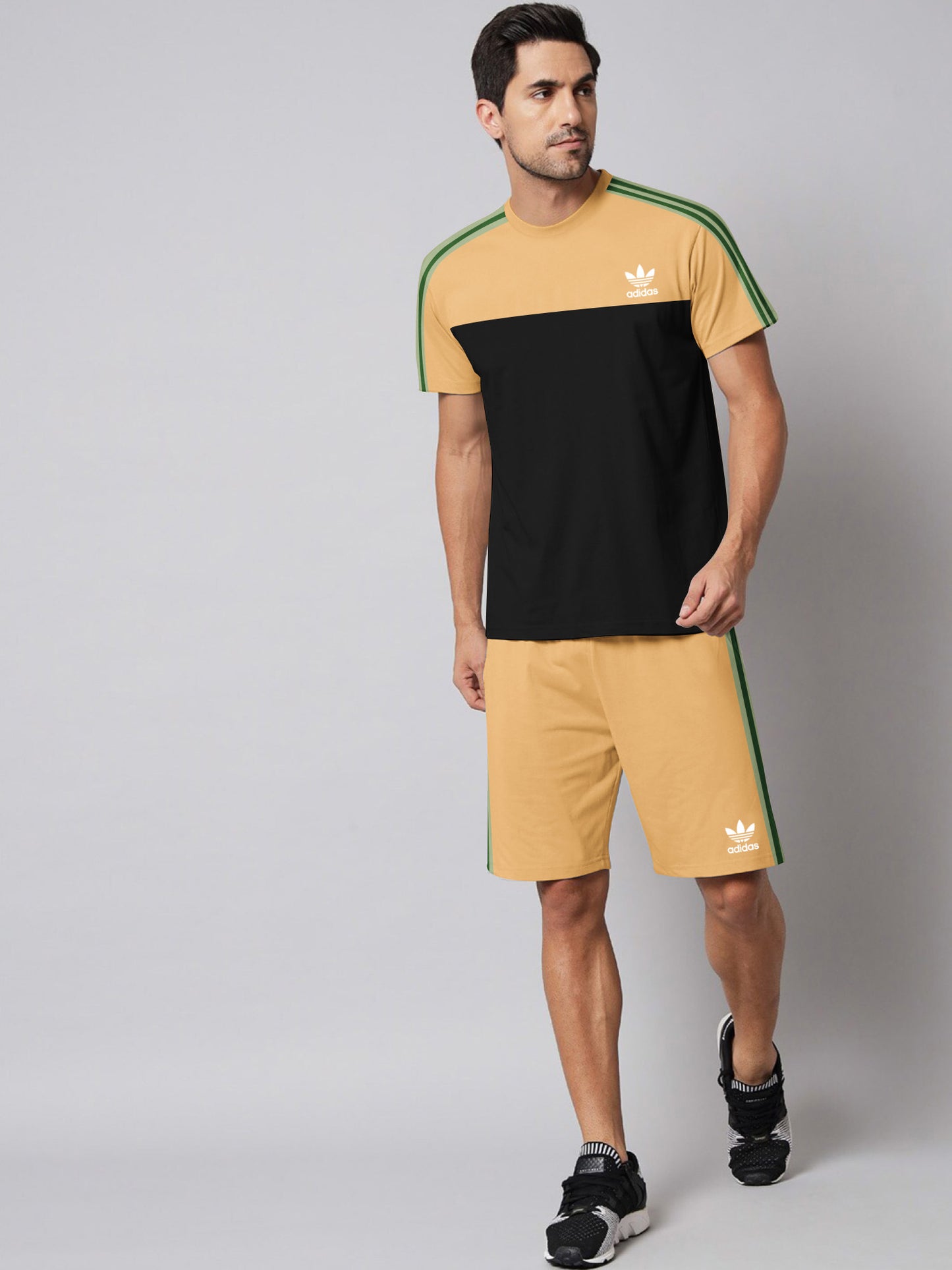 ADS Summer Fashion T-Shirt & Lounge Short Suit For Men-Camel with Black-BE3265/BR15695