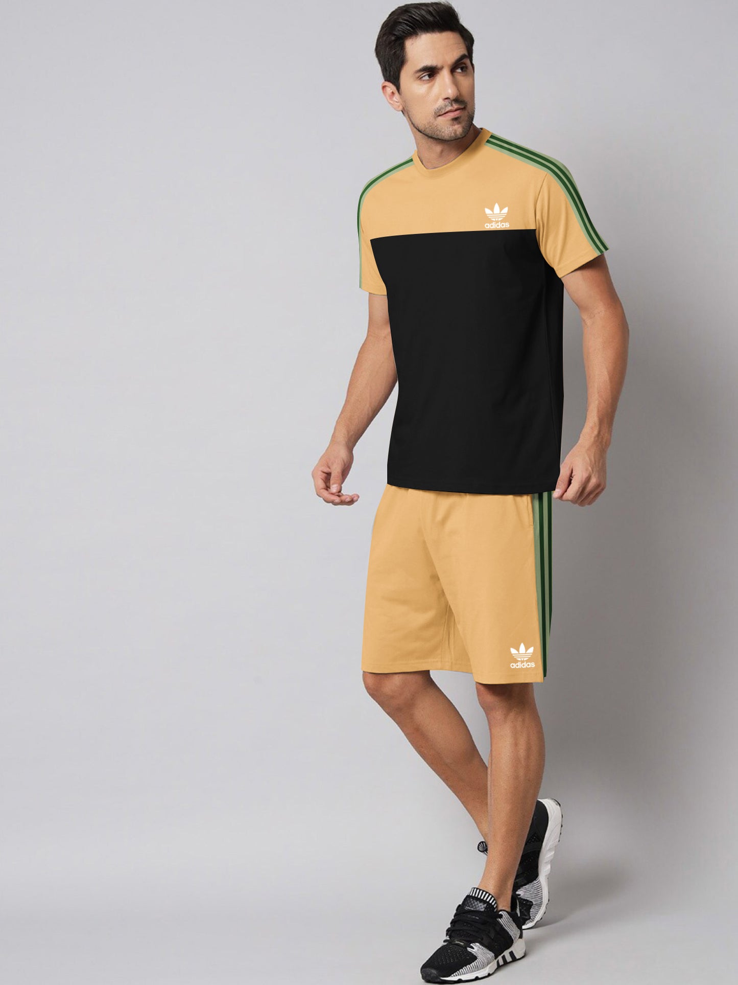 ADS Summer Fashion T-Shirt & Lounge Short Suit For Men-Camel with Black-BE3265/BR15695