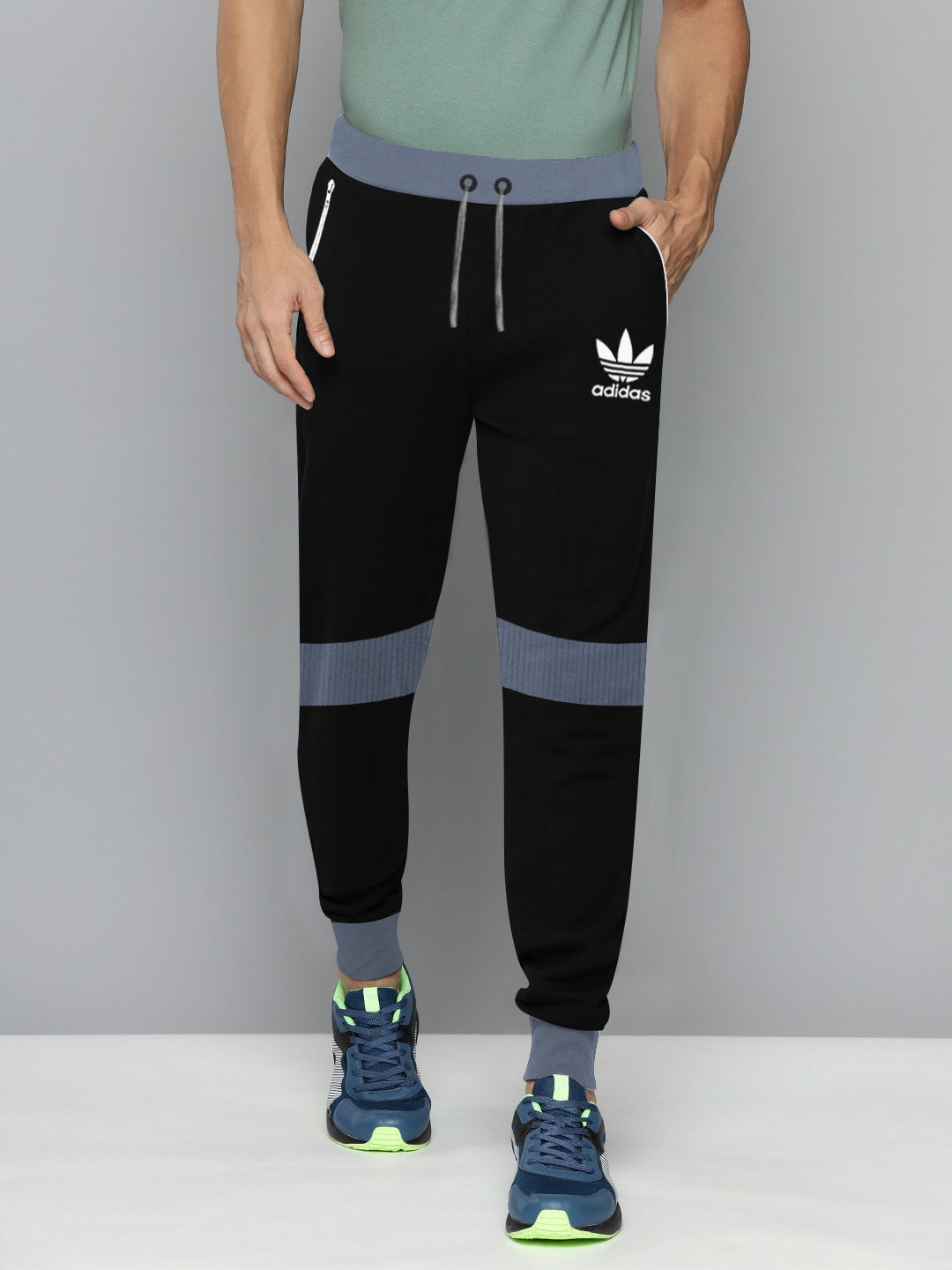 ADS Terry Fleece Jogger Sweatpant For Men-Black with Slate Blue Panels-BE2674