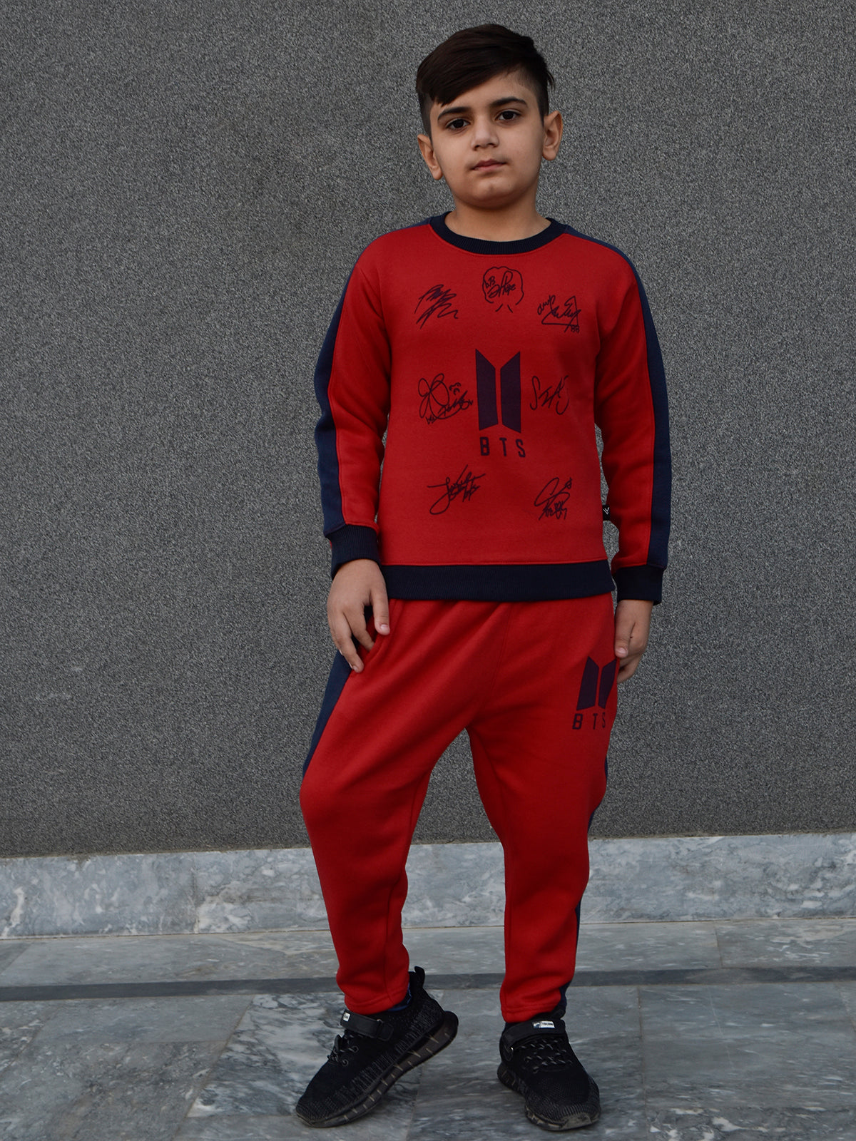 BTS Fleece Tracksuit For Kids-Red with Navy Panels-BE55/BR880