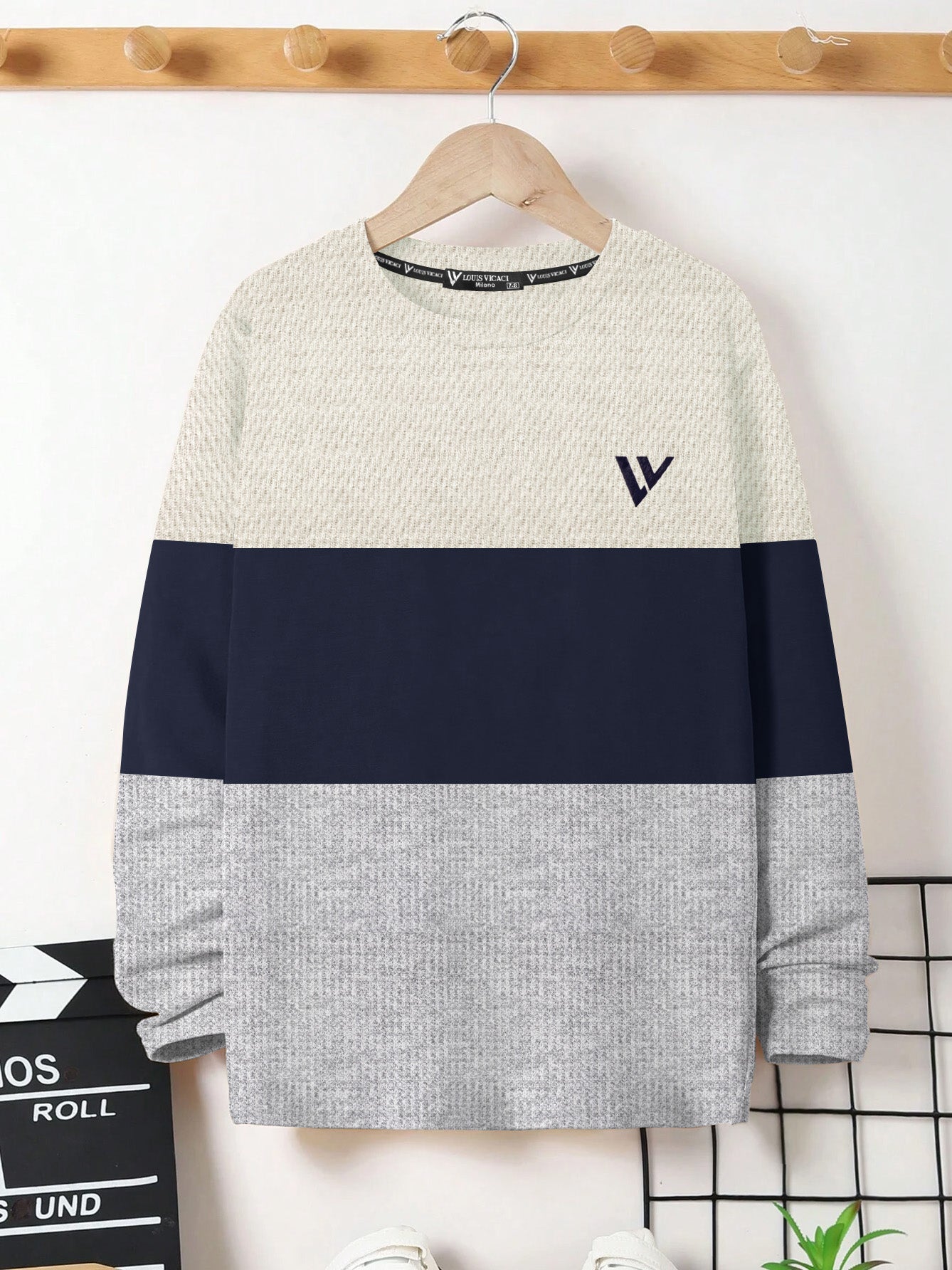 LV Crew Neck Long Sleeve Thermal Tee Shirt For Kids-Off White with Navy & Grey-BE970/BR13217