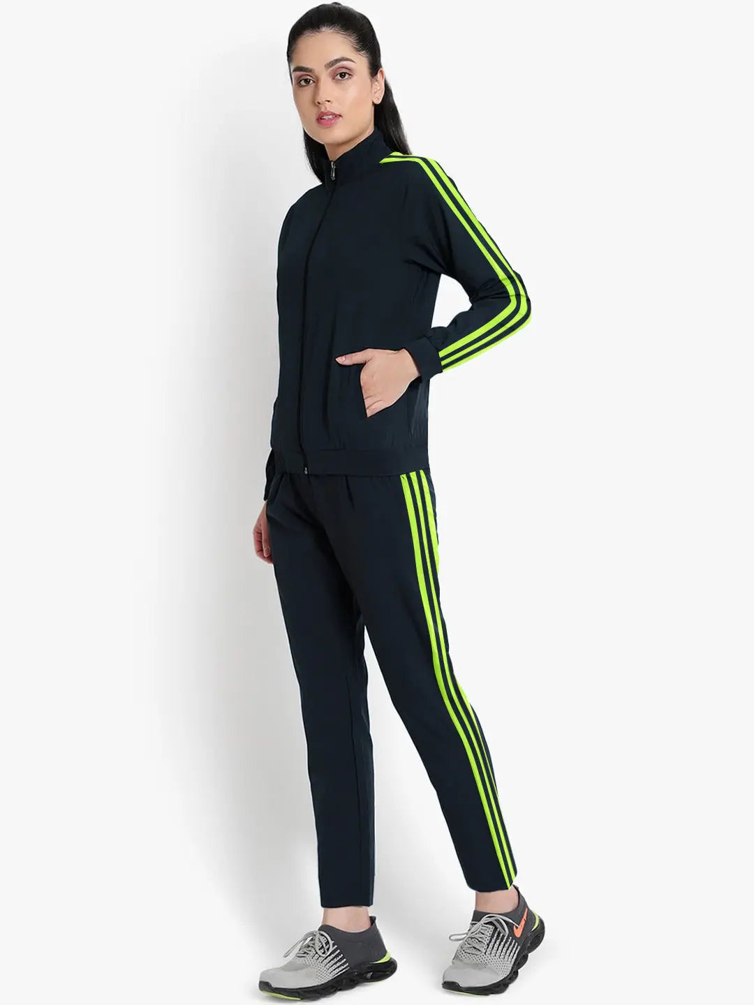 Louis Vicaci Fleece Zipper Tracksuit For Ladies Navy with Lime Green Stripe-SP252/RT2120