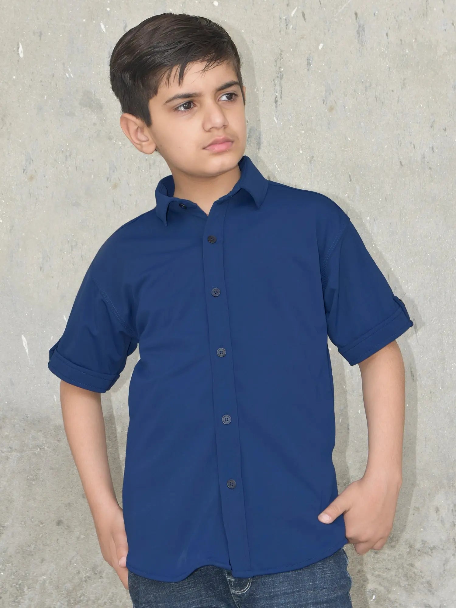 Louis Vicaci Super Stretchy Slim Fit Half Sleeve Lycra Casual Shirt For Kids-Dark Blue-BE40