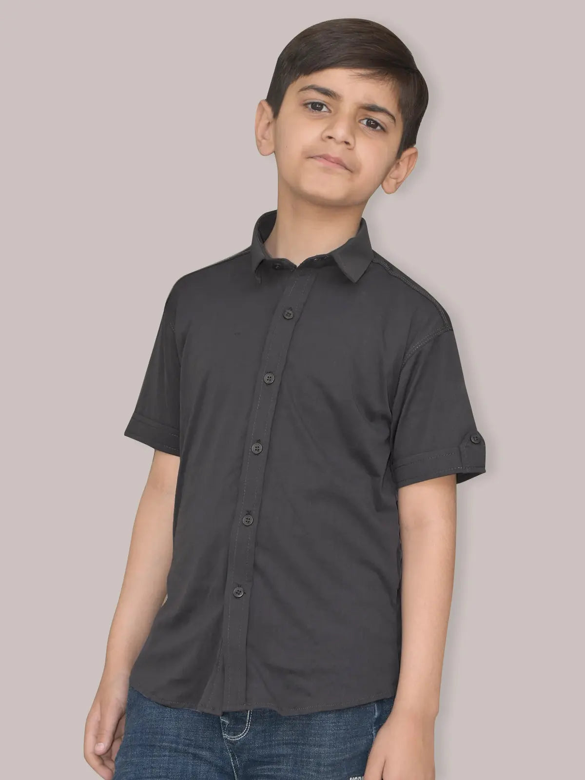 Louis Vicaci Super Stretchy Slim Fit Half Sleeve Lycra Casual Shirt For Kids-Rosy Black-BE39