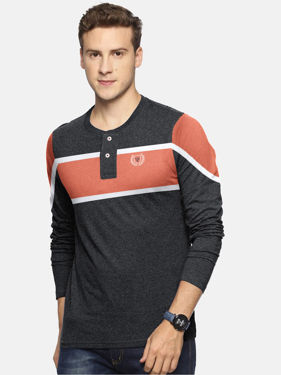Louis Vicaci P.Q Long Sleeve Henley Shirt For Men-Charcoal Melange with Orange-BE962