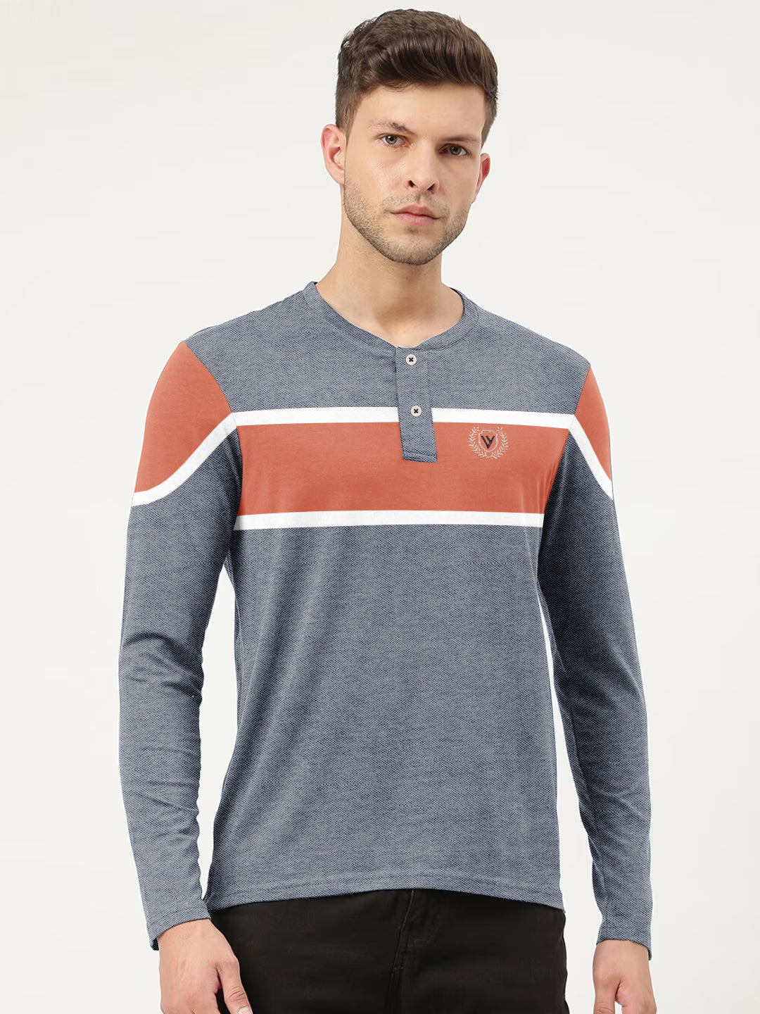 Louis Vicaci P.Q Long Sleeve Henley Shirt For Men-Navy Melange with Orange-BE957