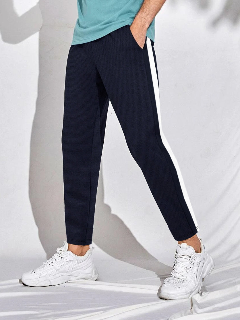 Louis Vicaci Slim Fit Active Wear Summer Trouser For Men-Navy Shine with Black & White Stripes-BE1275