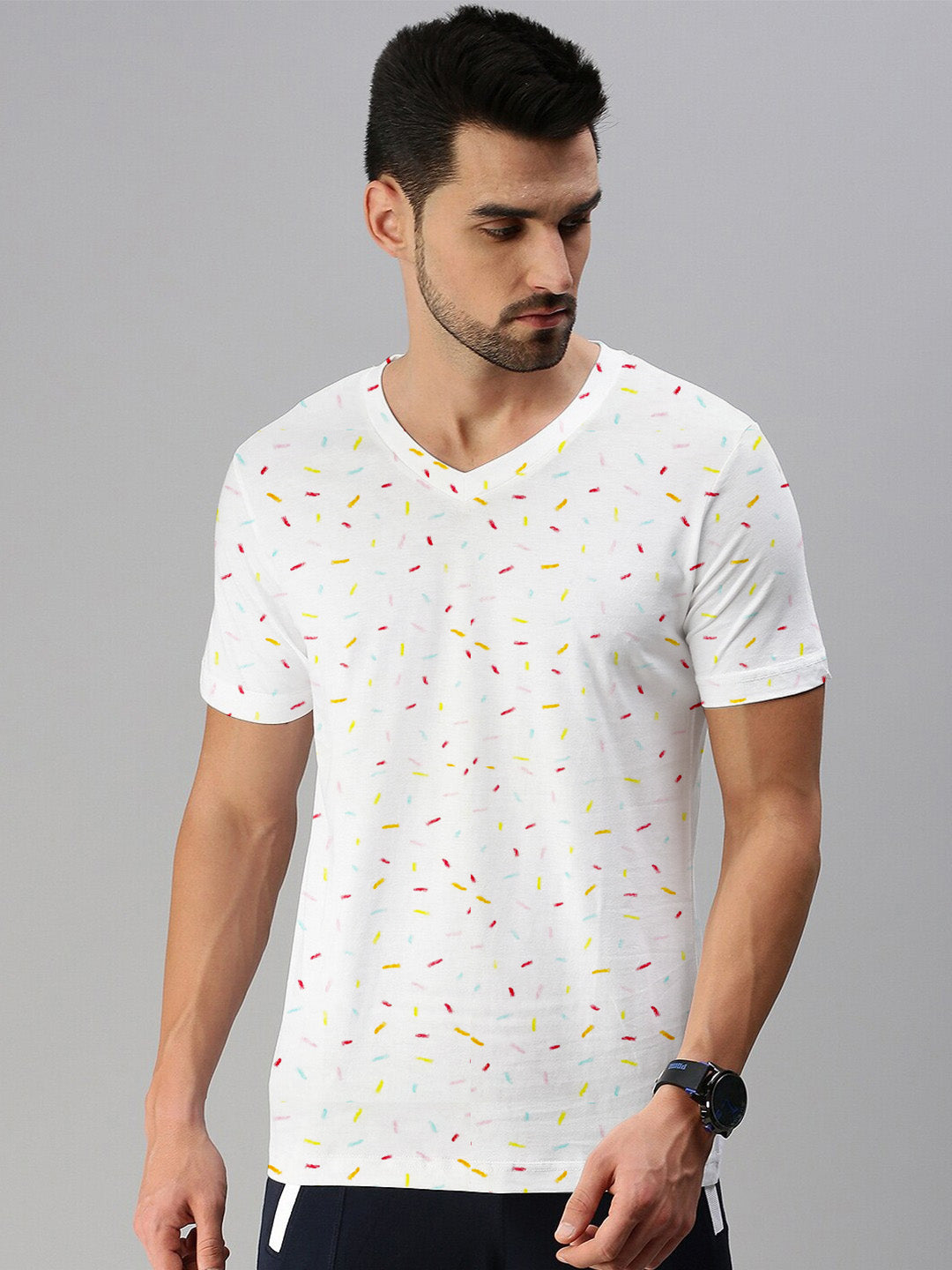 M-17 Single Jersey V Neck Tee Shirt For Men-White with Allover Print-BE1692