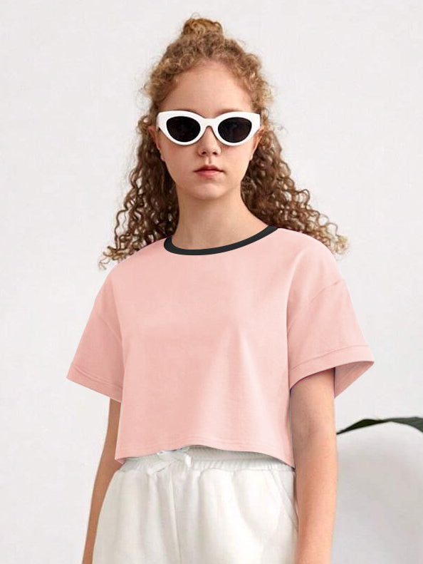Next Crew Neck Short Tee Shirt For Girls-Light Peach-BE1240