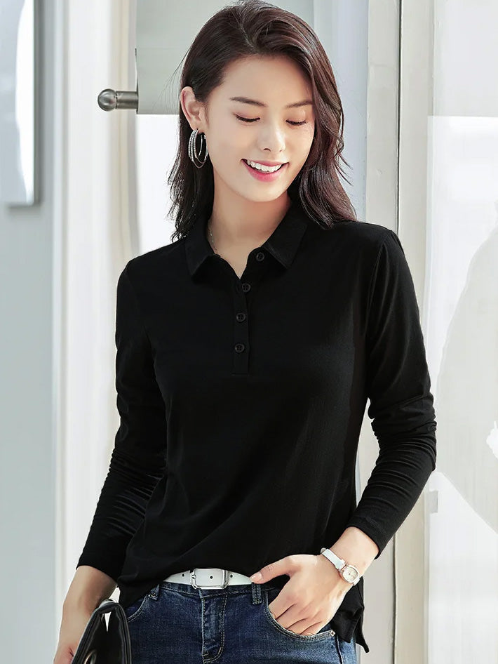 PYPR Summer Solid Long Sleeve Polo Shirt For Women-Black-BE1642/BR13873