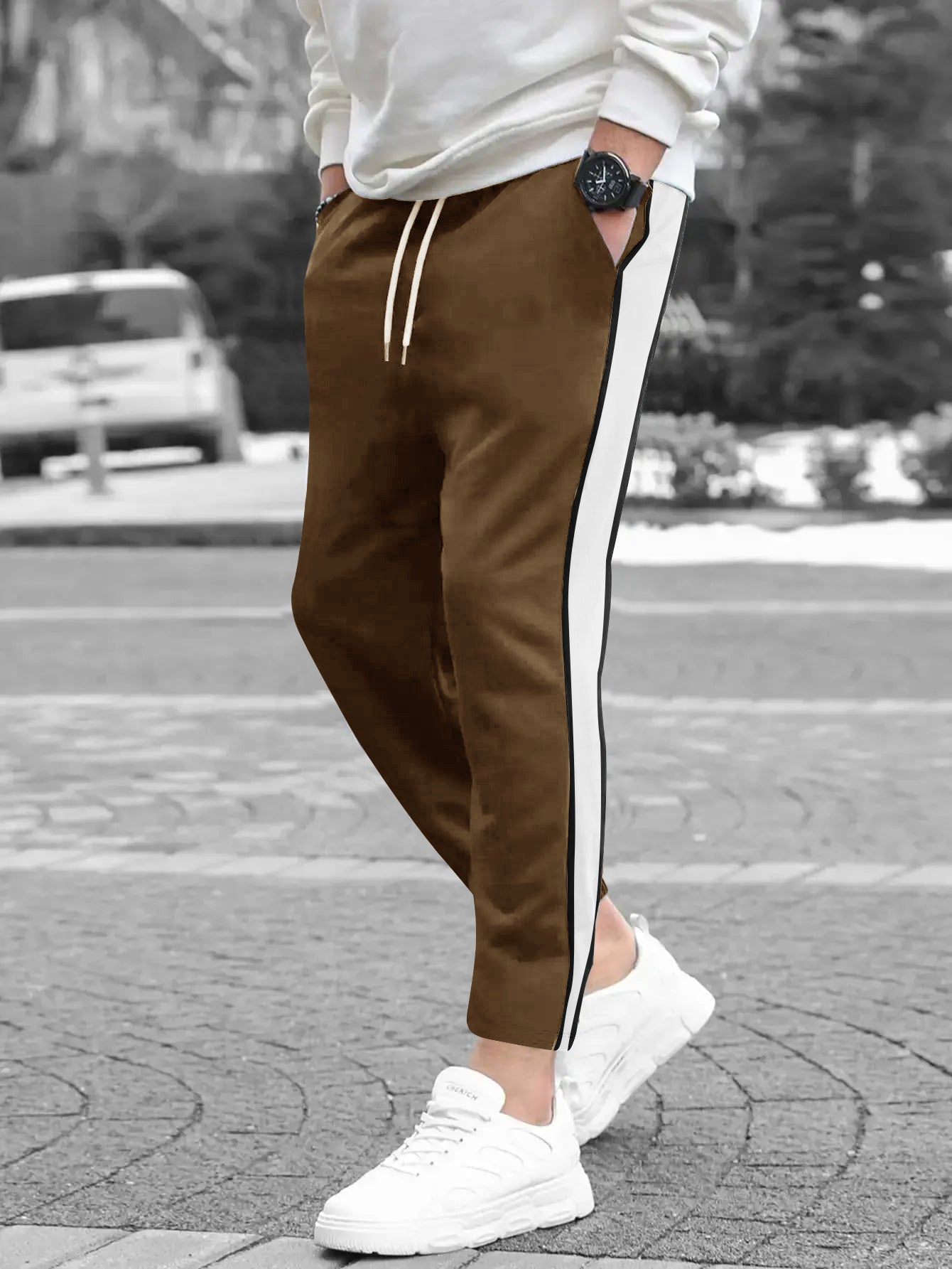 Louis Vicaci Slim Fit Interlock Trouser For Men-Brown with White & Black Stripe-SP1754
