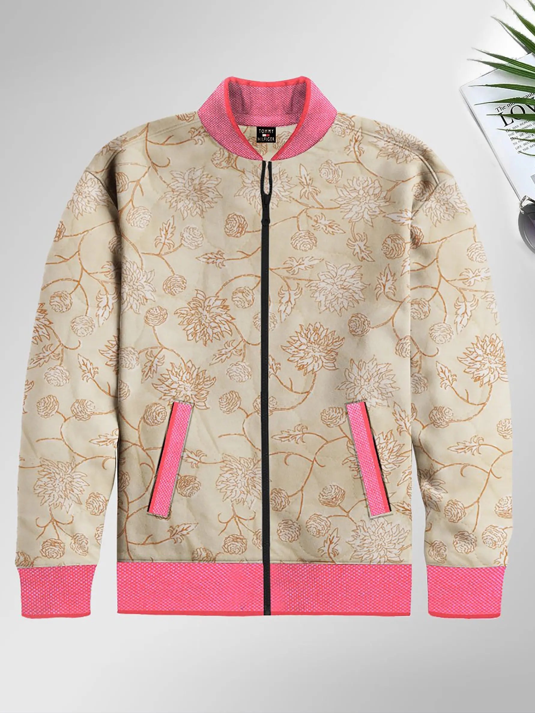 Quilted Zipper Baseball Jacket For Kids-Skin Allover Print with Pink-BE133