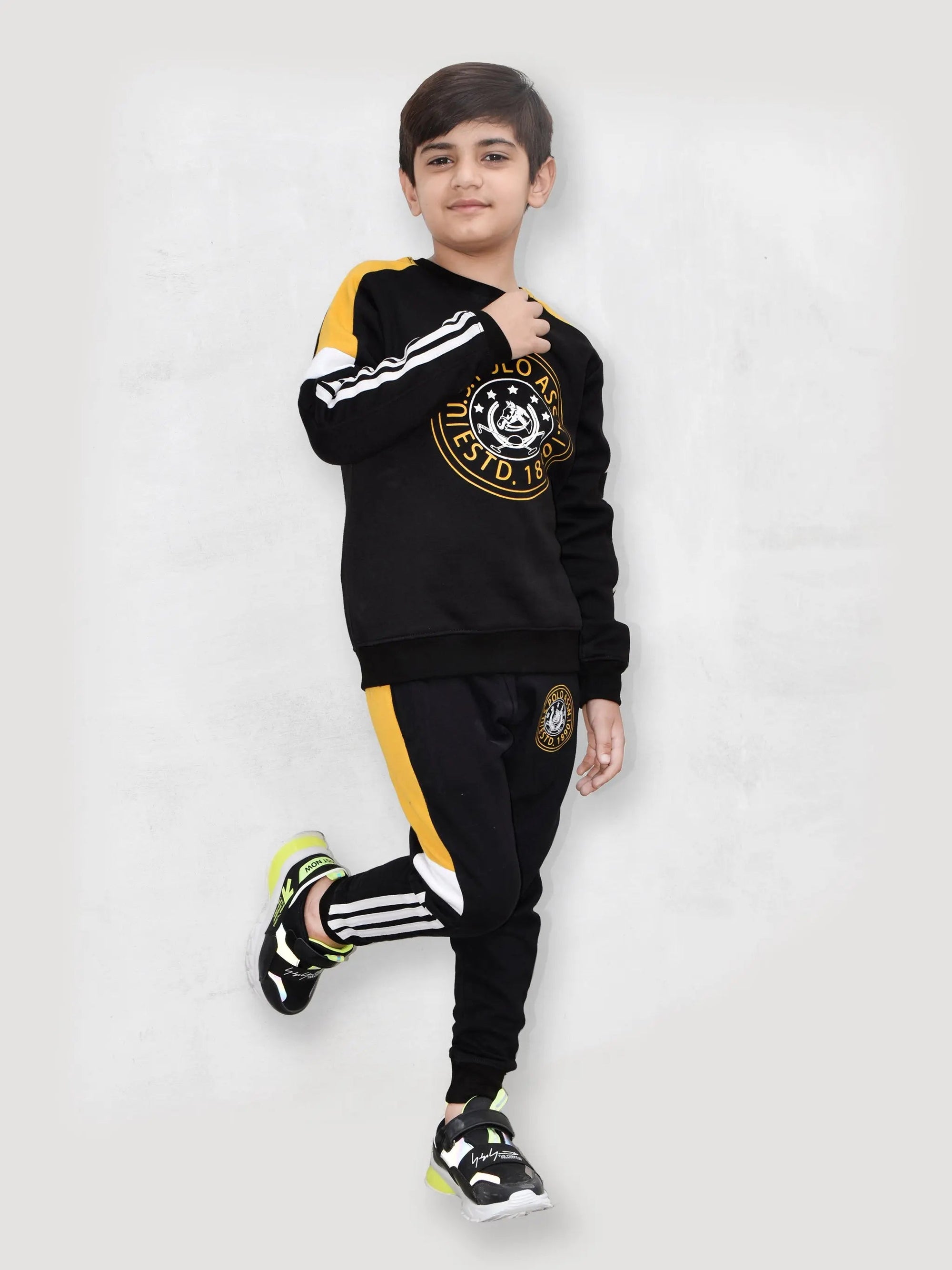 U.S Polo Assn Fleece Tracksuit For Kids-Black with Yellow-BE105/BR919