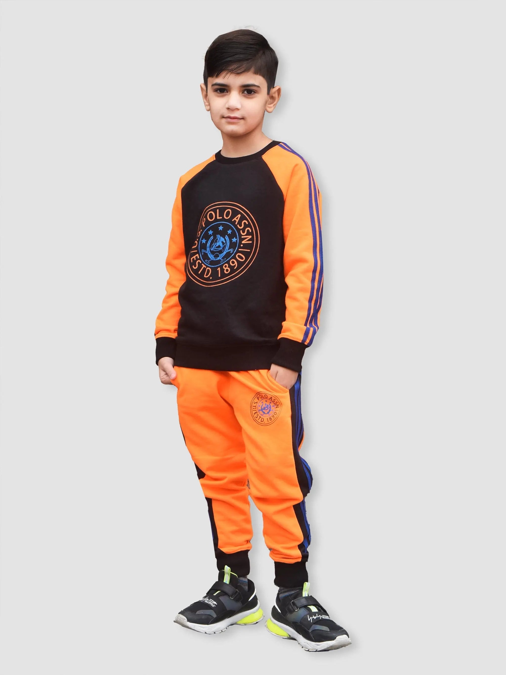 U.S Polo.Assn Fleece Tracksuit For Kids-Black & Orange-BE99/BR916