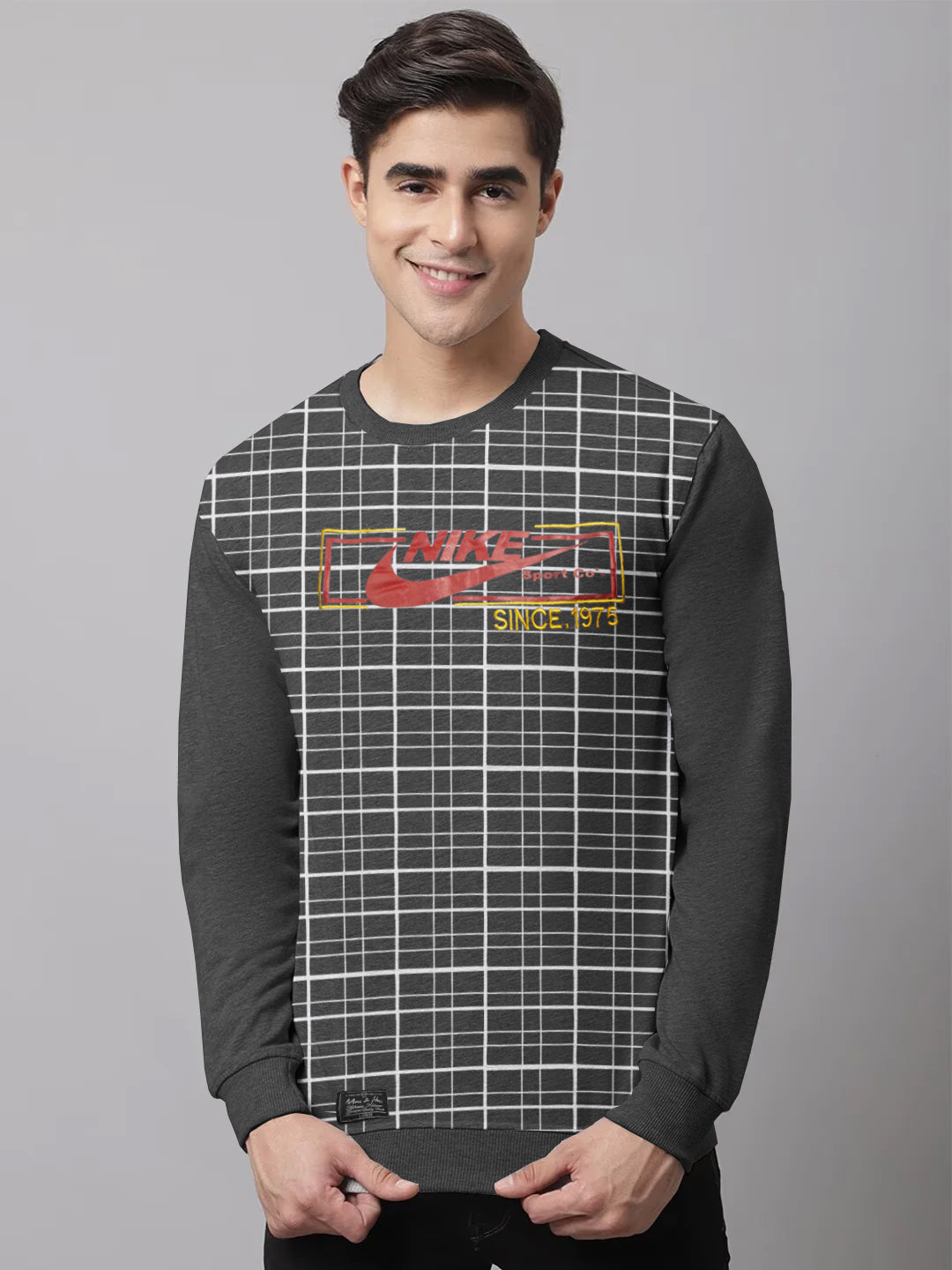 Outfitters Terry Fleece Sweatshirt For Men-Charcoal Melange with White Check-SP2187