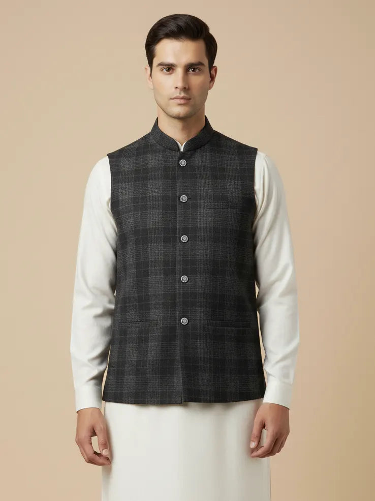 Men’s Premium Wool Waistcoat Black & Checked-WC16