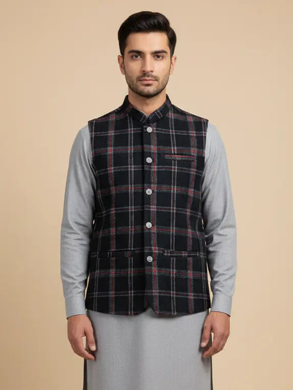 Men’s Premium Wool Waistcoat Black & Checked-WC15