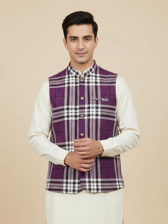 Men’s Premium Checkered Tweed Waistcoat Purple & White-WC01