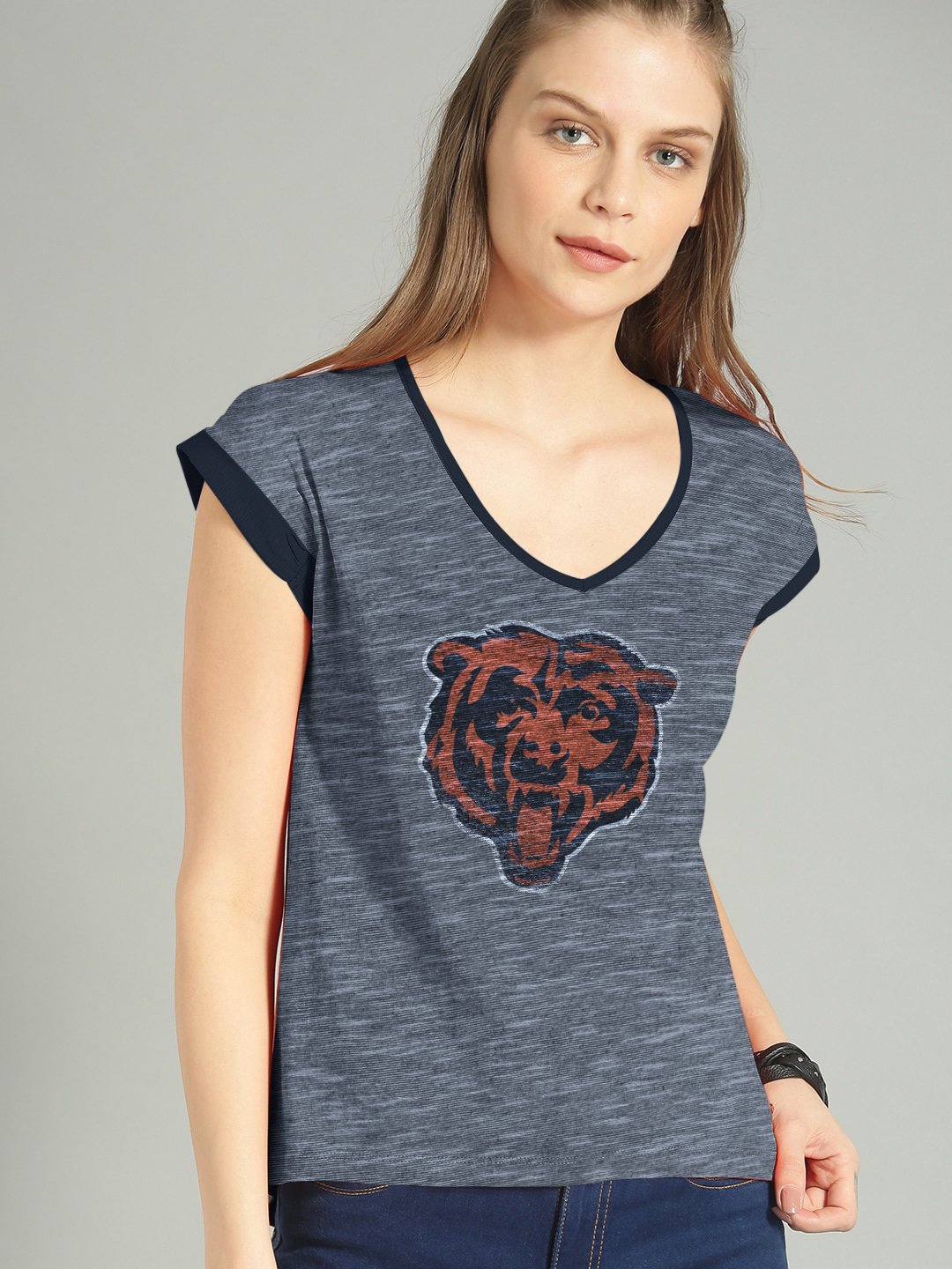 NFL Single Jersey Boxy V Neck Tee Shirt For Ladies-Navy Melange-SP1967
