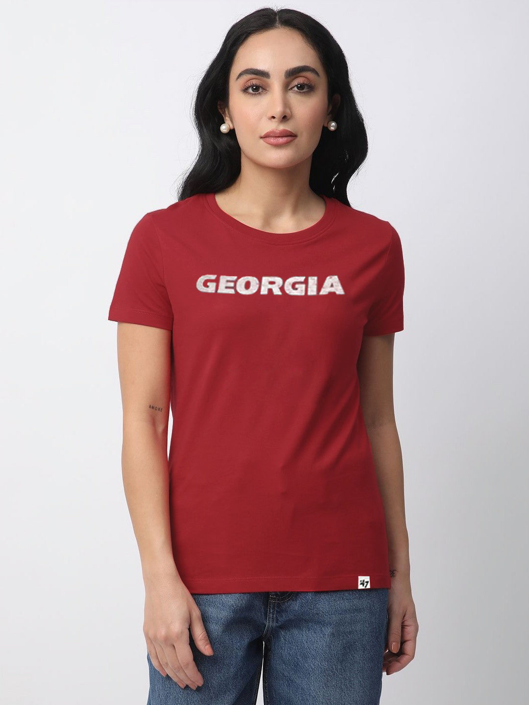 47 Crew Neck Half Sleeve Tee Shirt For Women-Red with Print-