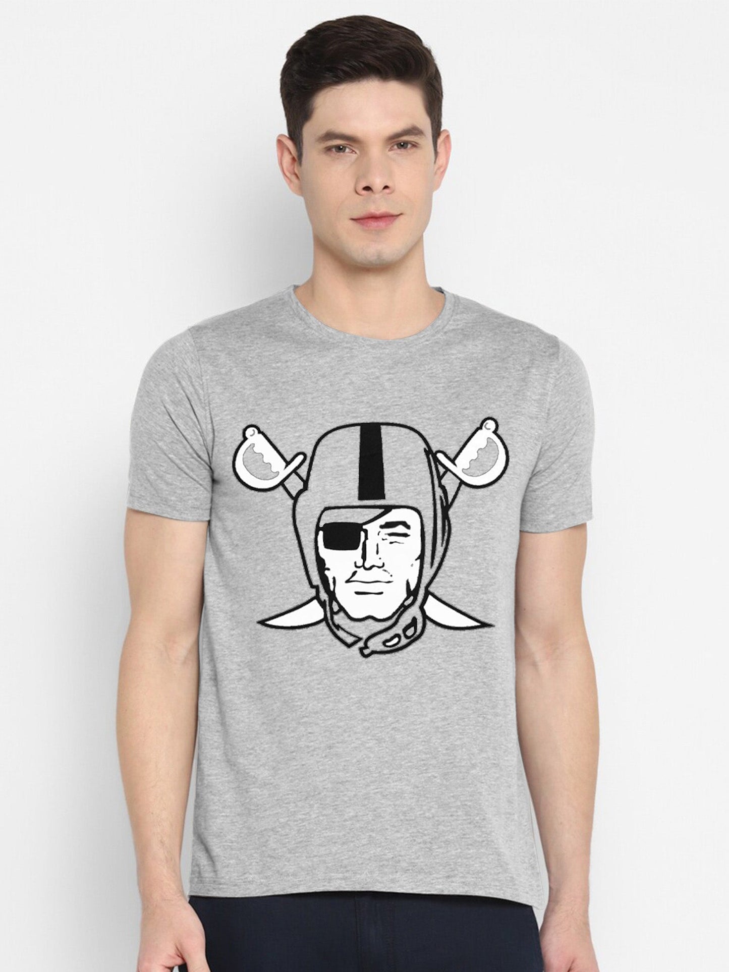 47 Single Jersey Crew Neck Tee Shirt For Men-Grey Melange with Print-SP1964