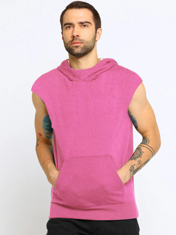 NK Fleece Cowl Neck Sleeveless Hoodie For Men-Pink Melange-SP333