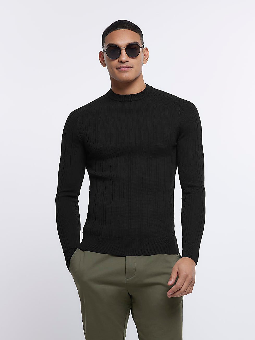 River Island Crew Neck Allover Ribbed Sweatshirt For Men-Black-SP1134/RT2268