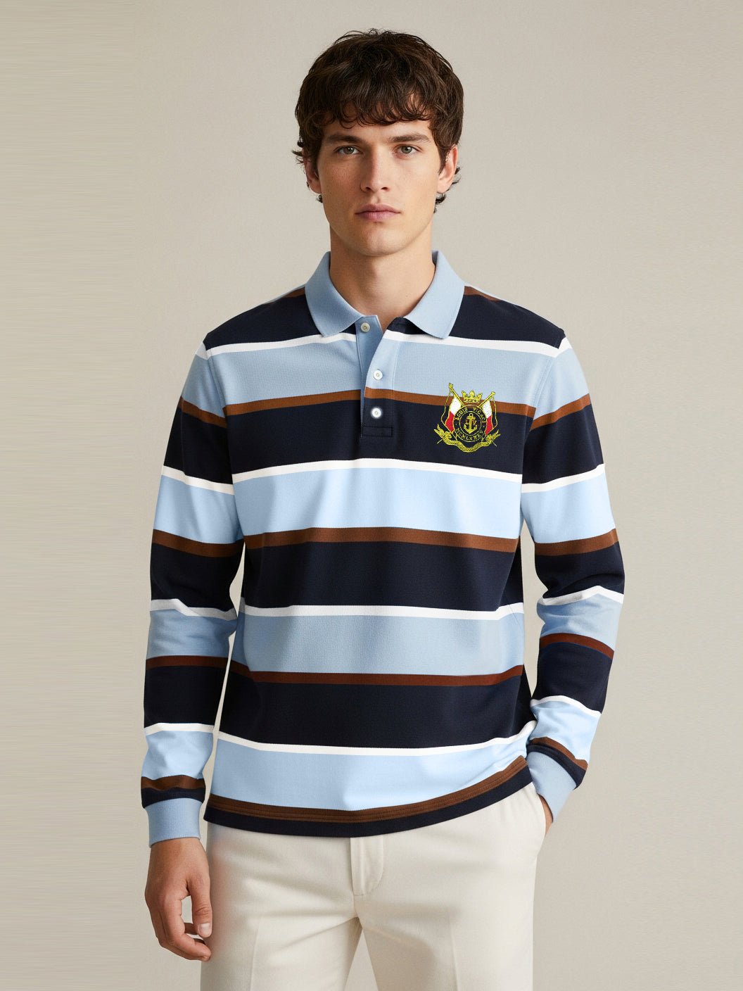Louis Vicaci Long Sleeve Polo Shirt For Men-Sky with Navy Stripe-BR900
