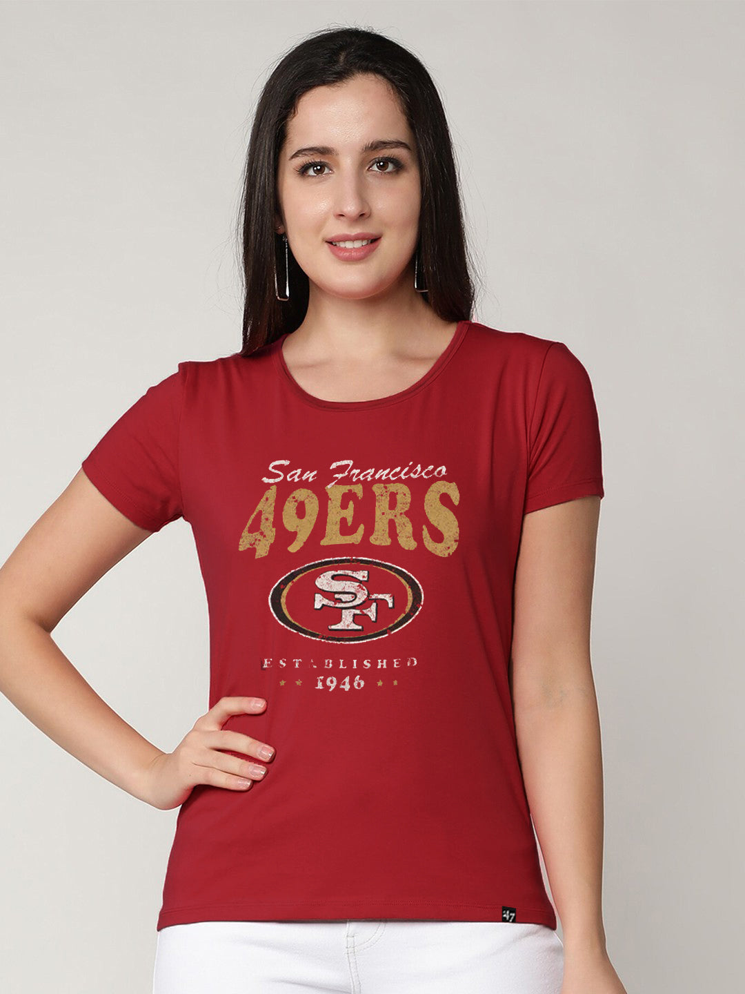 47 Crew Neck Half Sleeve Tee Shirt For Women-Red with Print-
