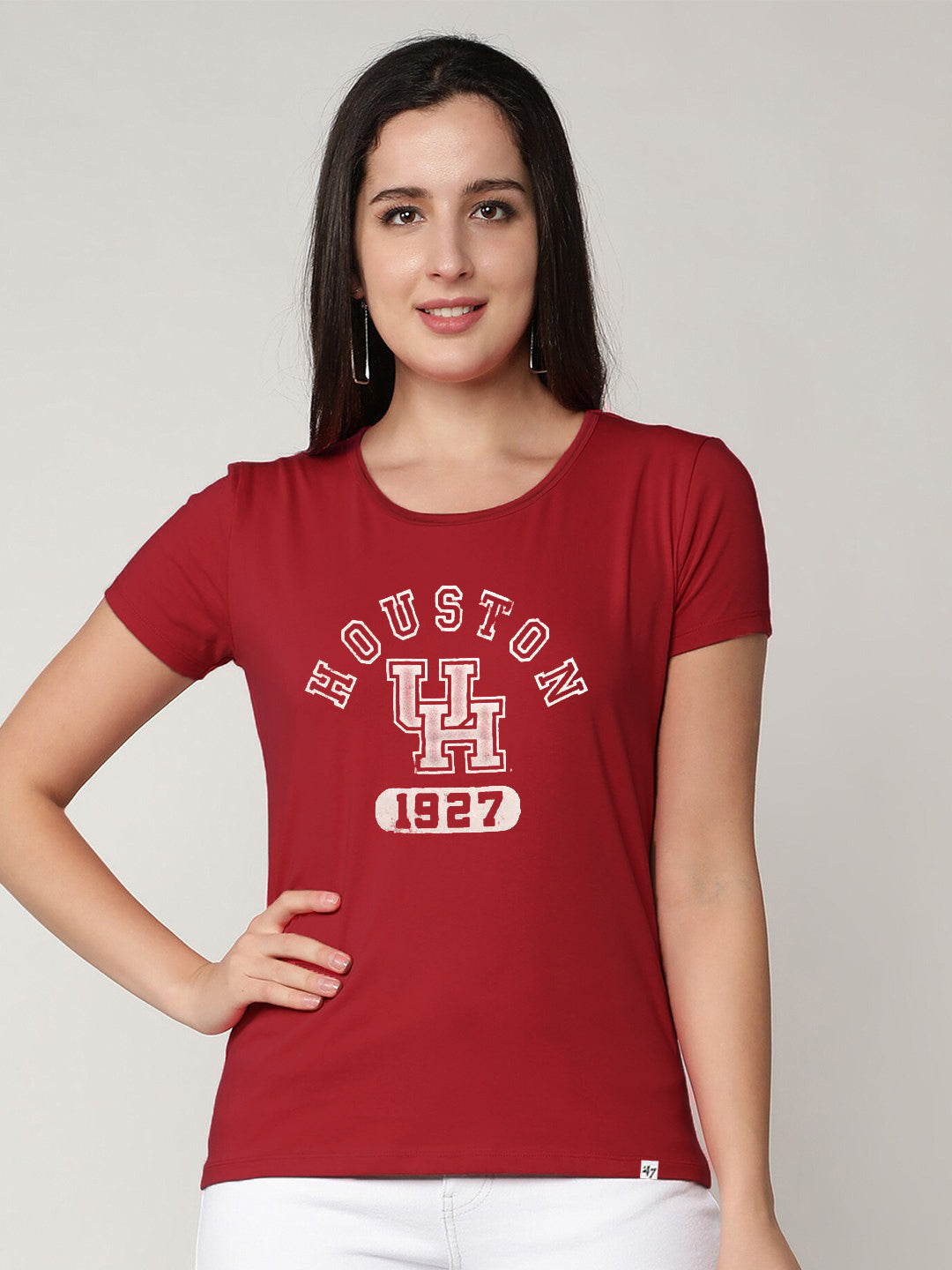47 Crew Neck Half Sleeve Tee Shirt For Women-Red with Print-