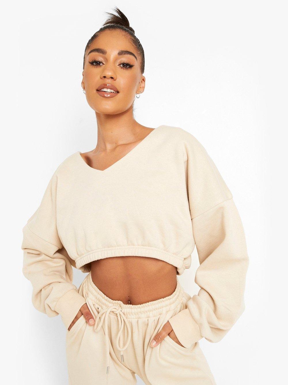 Boohoo V Neck Fleece Cropped Sweatshirt For Ladies-Skin-SP702