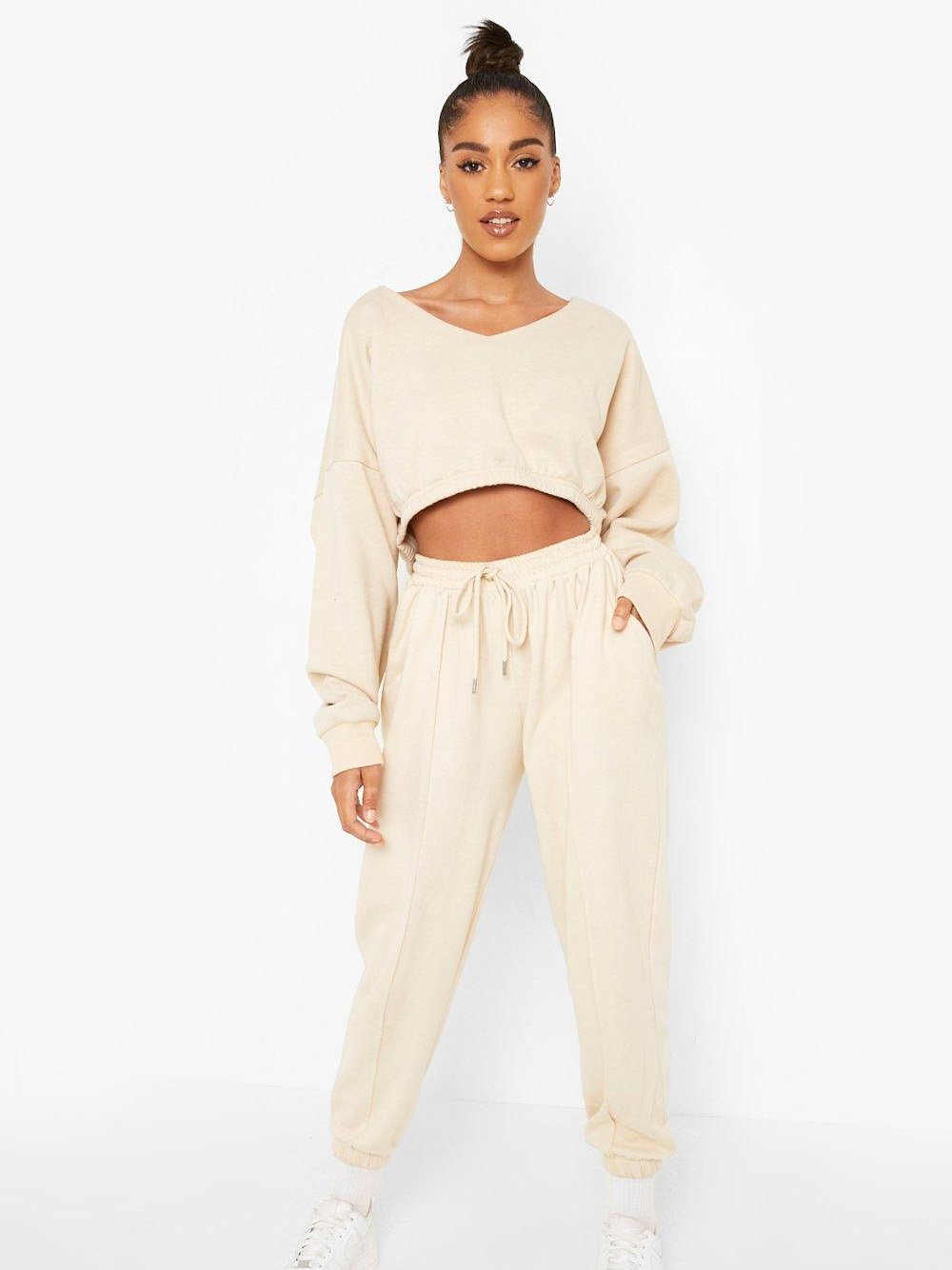 Boohoo V Neck Fleece Cropped Sweatshirt For Ladies-Skin-SP702