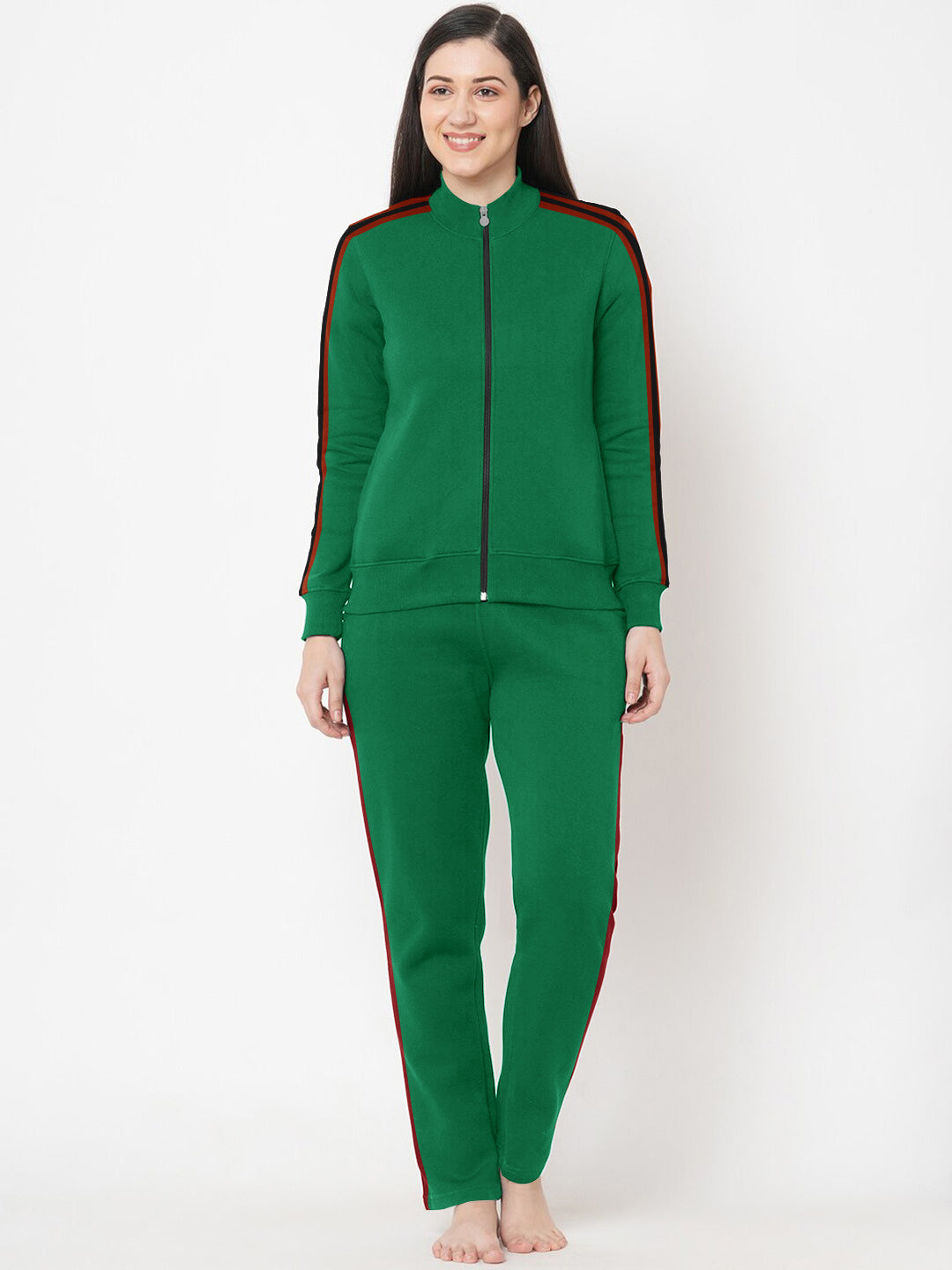 Louis Vicaci Fleece Zipper Tracksuit For Ladies-Green Melange with Black Stripe-SP254/BR266