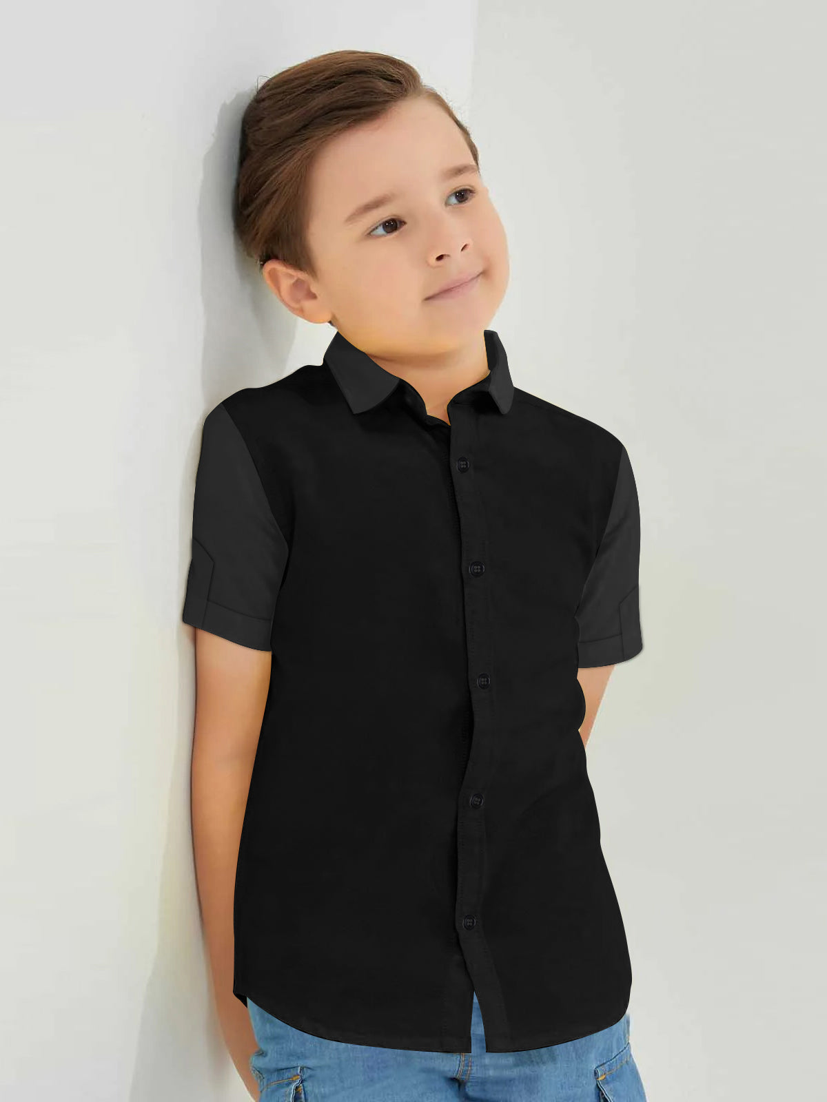 Louis Vicaci Super Stretchy Slim Fit Half Sleeve Lycra Casual Shirt For Kids-Black-BR547
