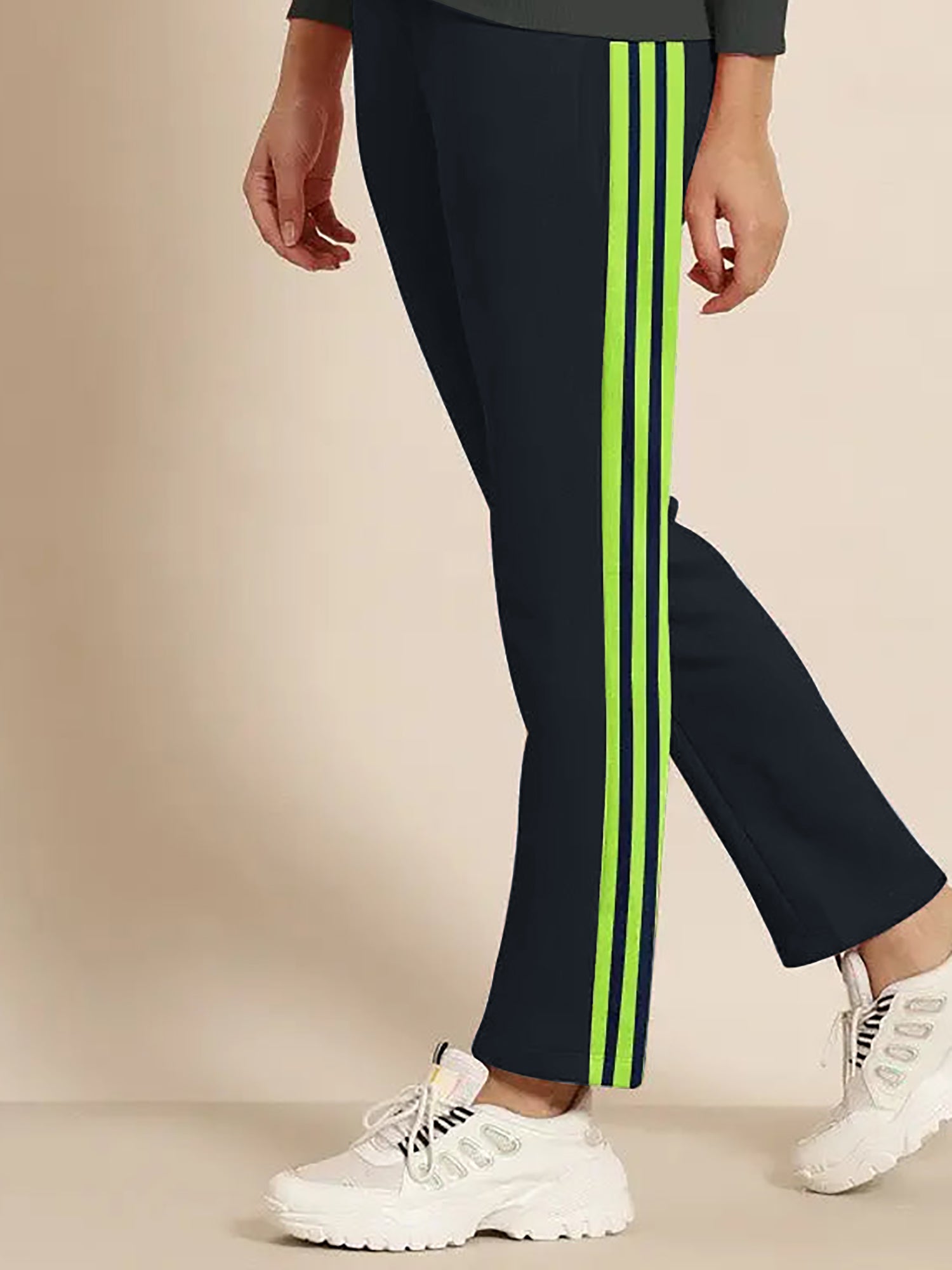 Louis Vicaci Straight Fit Fleece Trouser For Ladies-Dark Navy with Green Stripe-SP1003