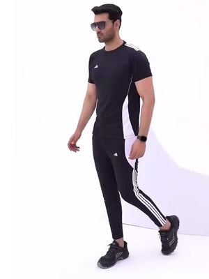 ADS Summer Active Wear Tracksuit For Men-White & Black-BE3031