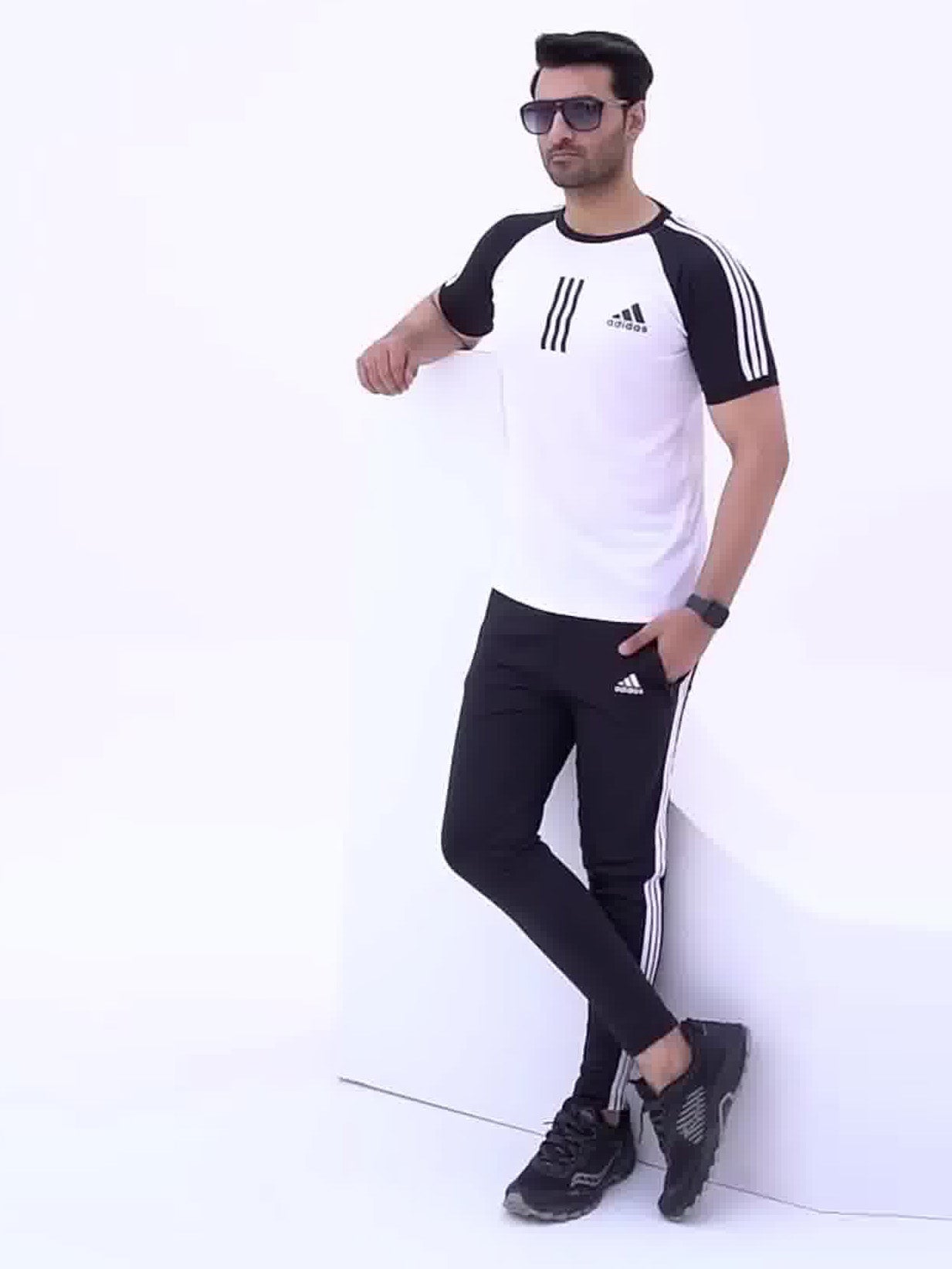 ADS Summer Active Wear Tracksuit For Men-White & Black-BE3029