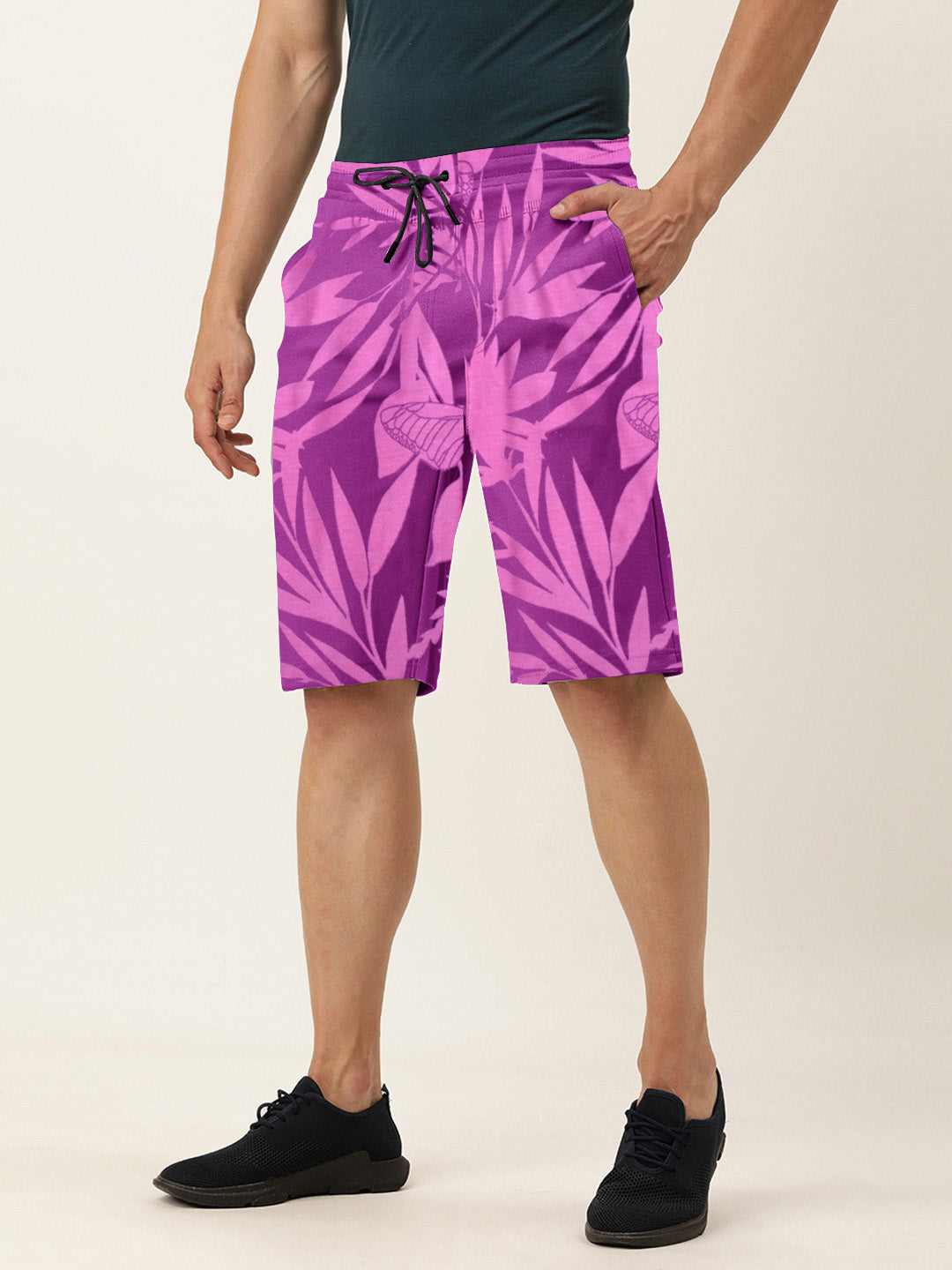 Next Summer Single Jersey Short For Men-Pink with Allover Leaf Print-SP2049