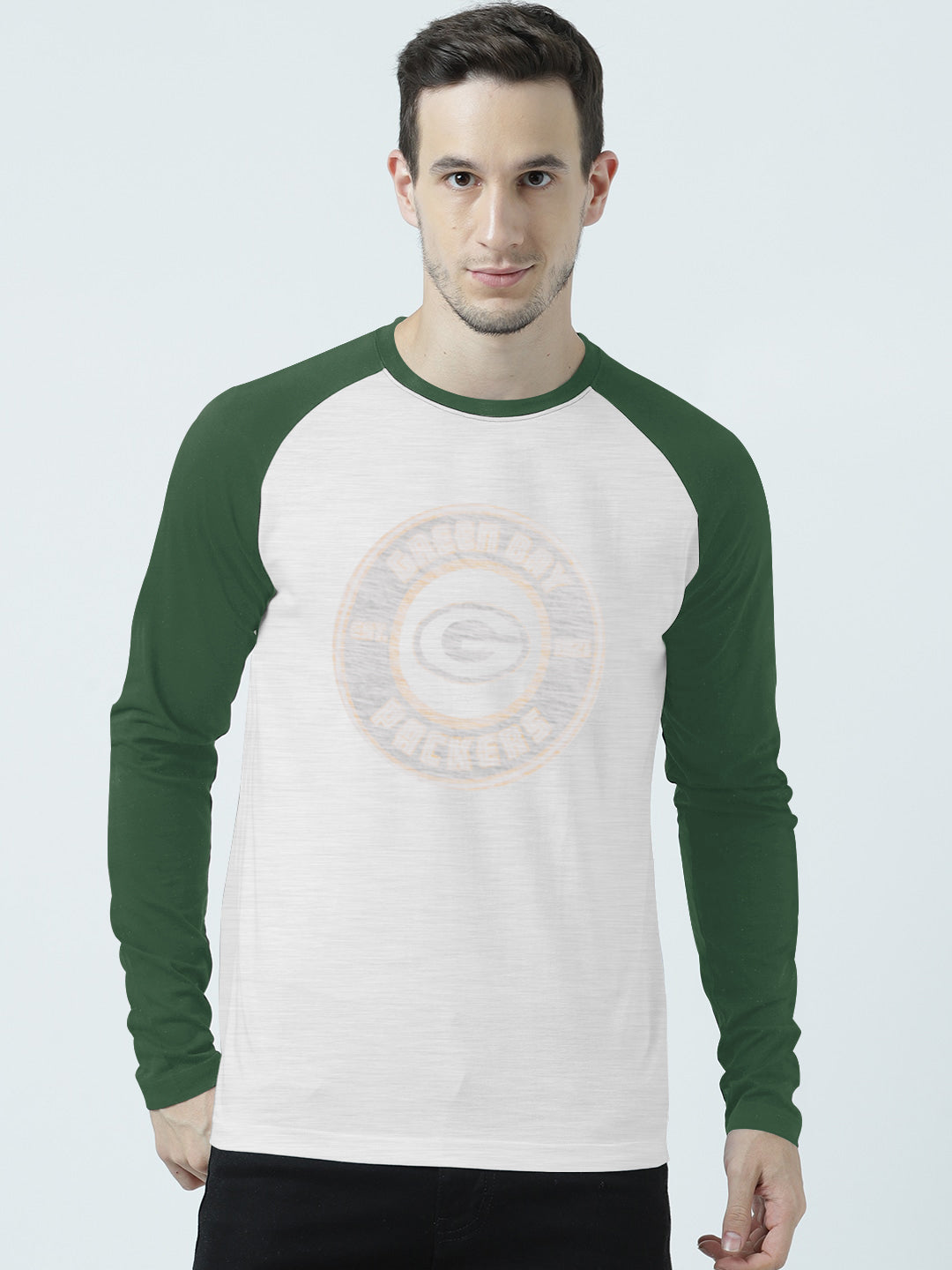 47 Raglan Sleeve Crew Neck Tee Shirt For Men-Off White Melange & Green with Print-SP2109