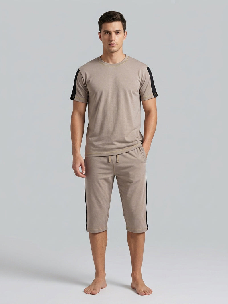 Summer Co Ord Set For Men-Light Brown Melange-BE6043