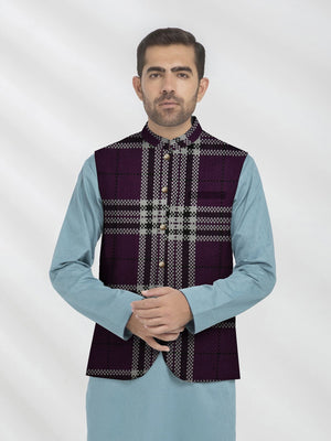 Classic Jute Almond Traditional Waistcoat For Men-Purple Chek-RT413/SP23