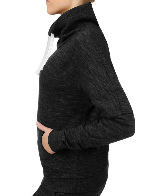 NYC Polo Fleece Cowl Neck Short Hoodie For Ladies-Black Melange-SP305